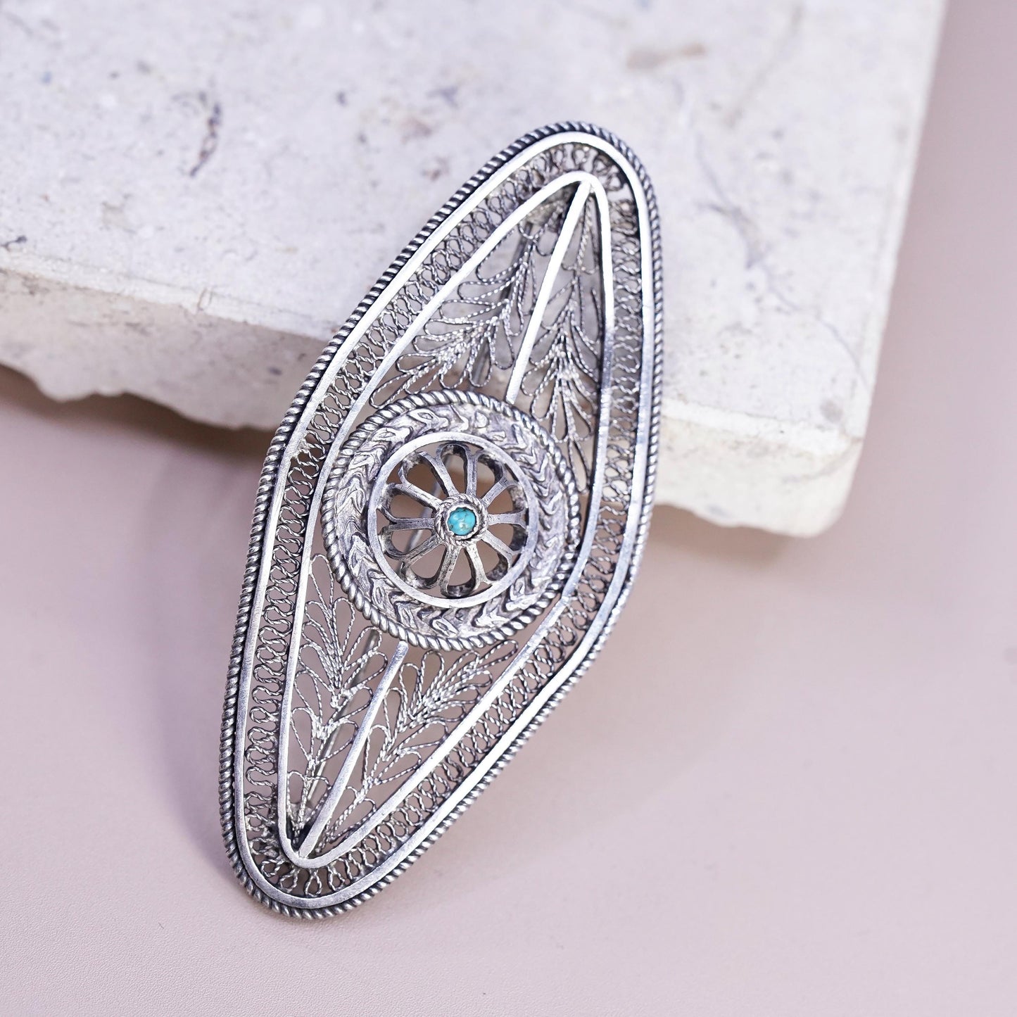 Vintage Native American sterling silver brooch, 925 filigree long pin turquoise