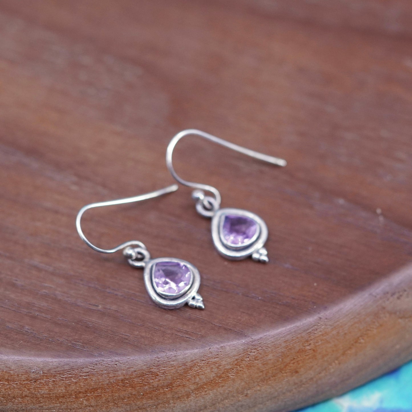 Vintage Sterling 925 silver handmade earrings with teardrop amethyst