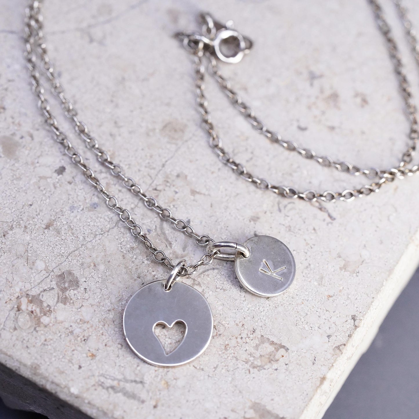 16", 1mm, vintage Sterling silver necklace, 925 circle chain heart tag letter K