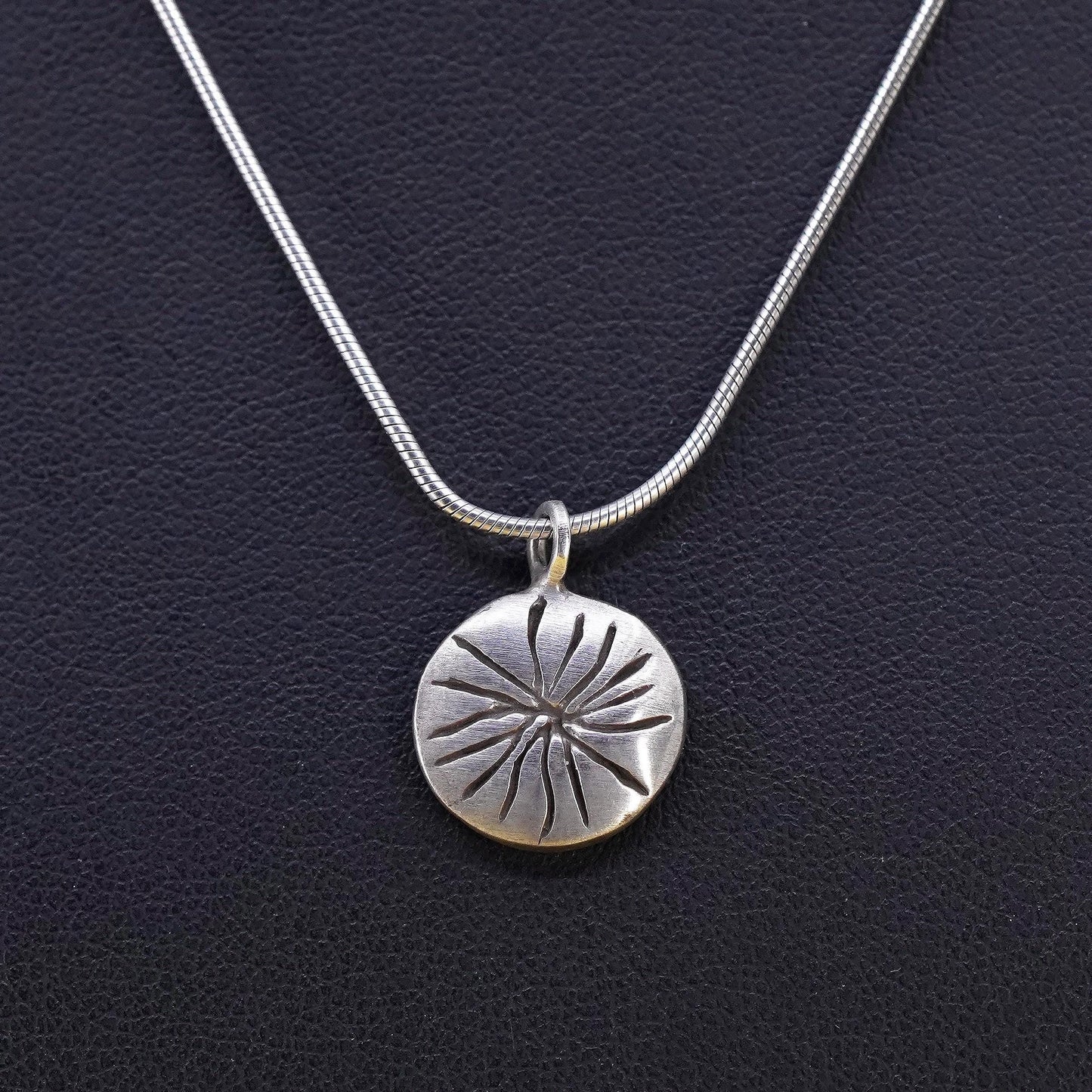16”, vintage Sterling silver necklace, 925 snake chain sun circle tag pendant