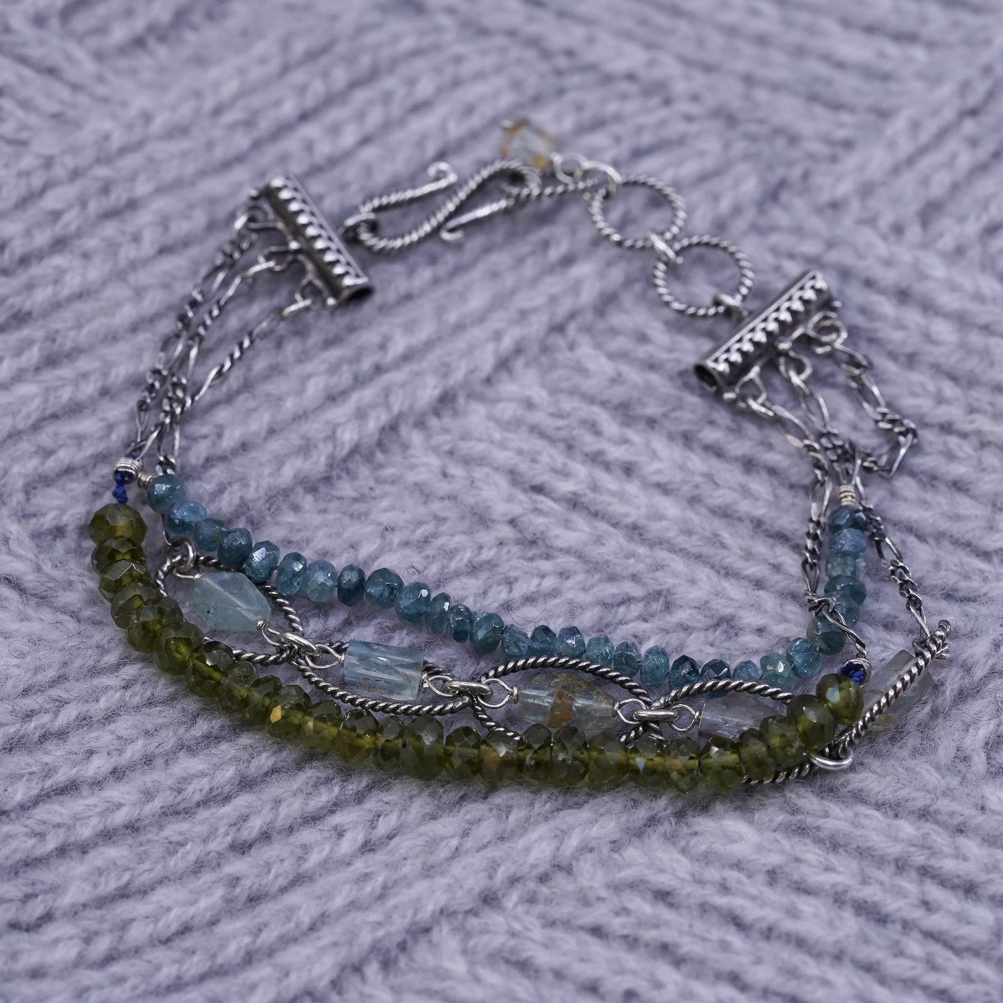 7.25", Sterling silver handmade multi strands bracelet with green peridot beads