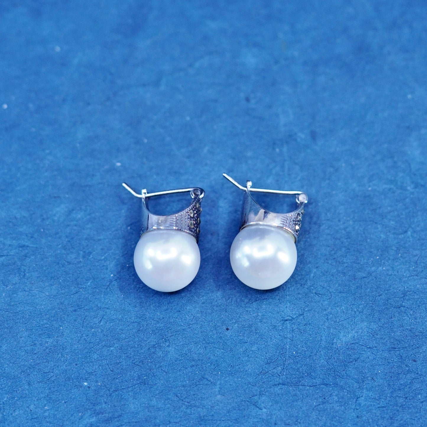 Sterling silver handmade earrings, 925 hooks, huggie w/ faux pearl and crystal