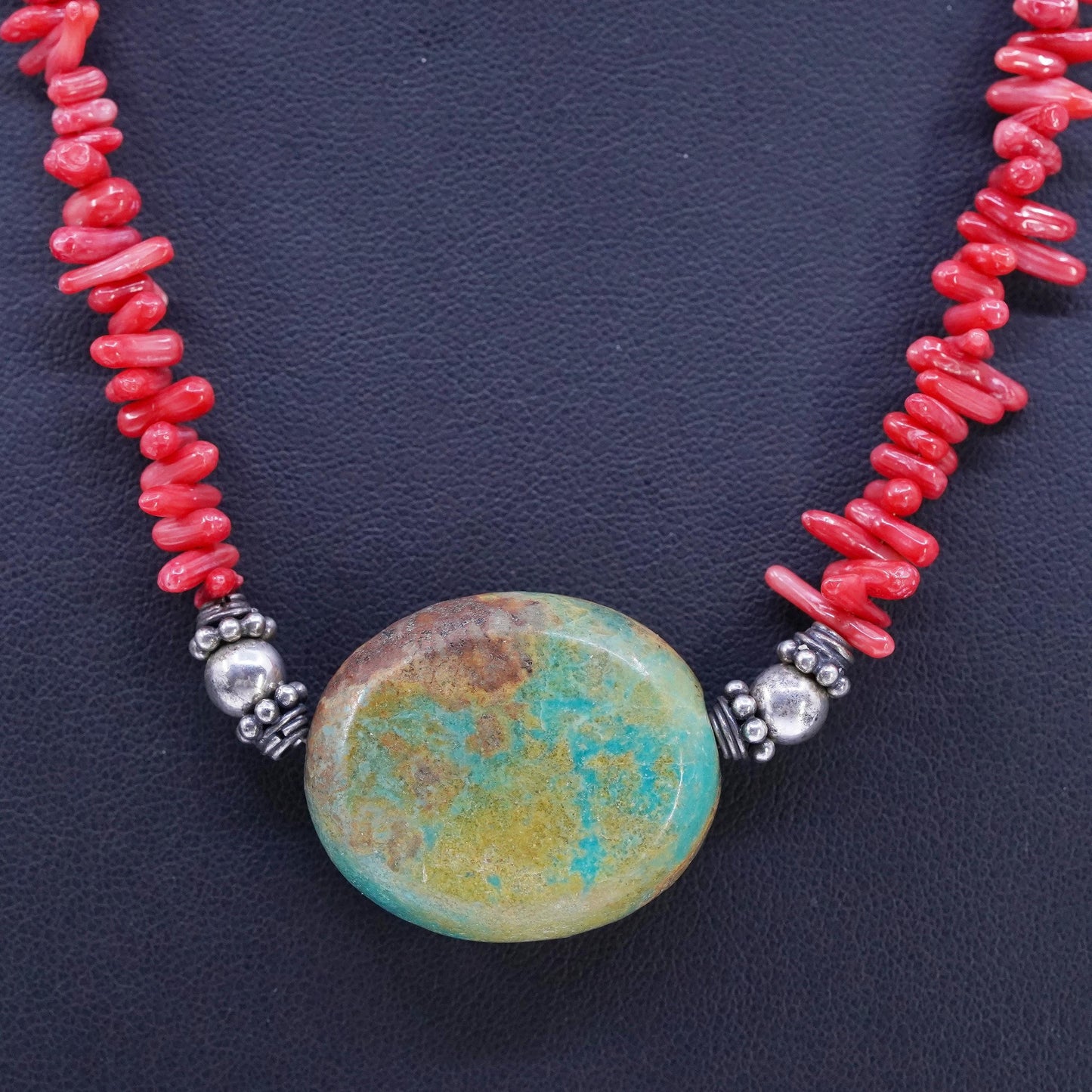 16+2", Native American Sterling 925 silver turquoise necklace with coral beads