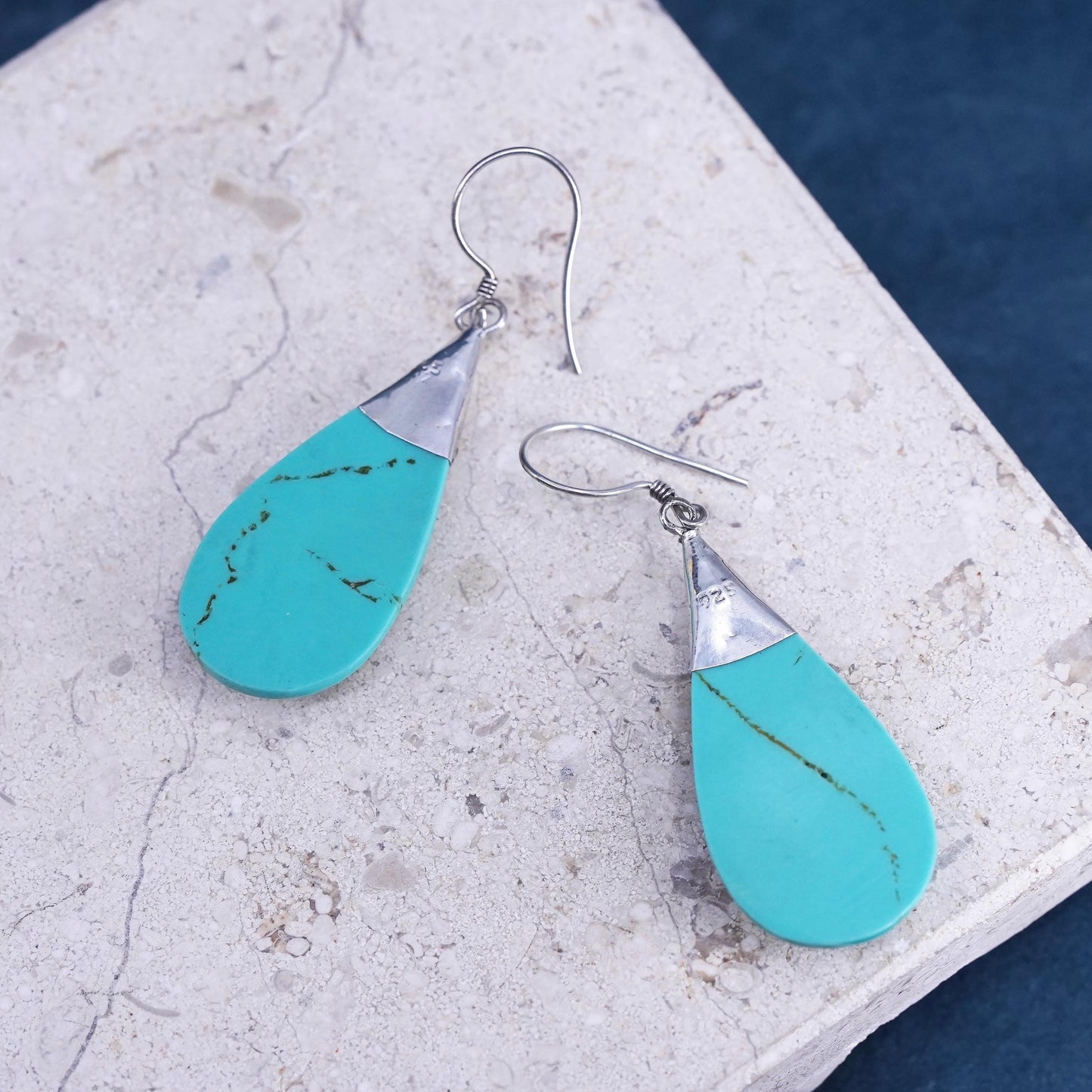 Vintage sterling 925 silver handmade teardrop earrings with turquoise beads