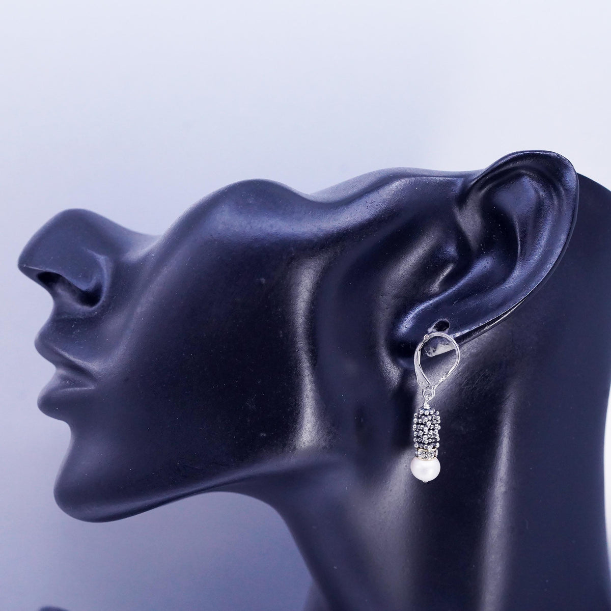 Sterling Silver 925 Pearl Drop Earrings, Rhinestone Dangles, Oxidized Leverback