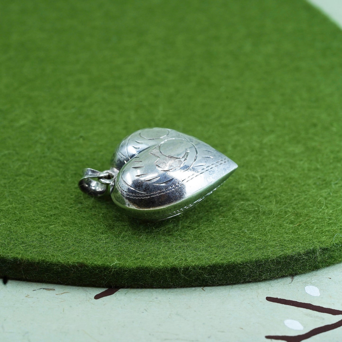 Vintage sterling silver handmade pendant, puffy heart shaped 925 silver pendant