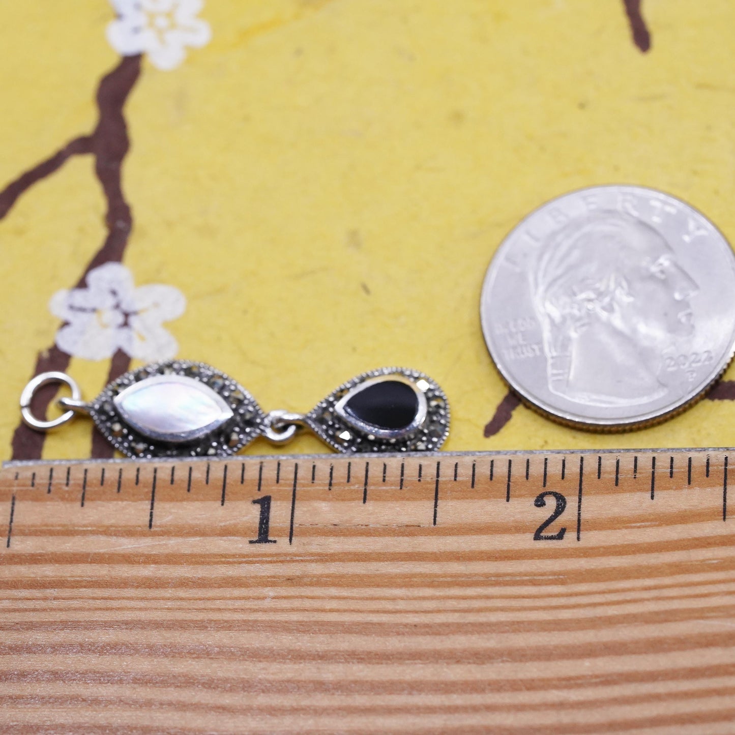 VTG Sterling 925 silver handmade charm pendant mother of pearl onyx marcasite
