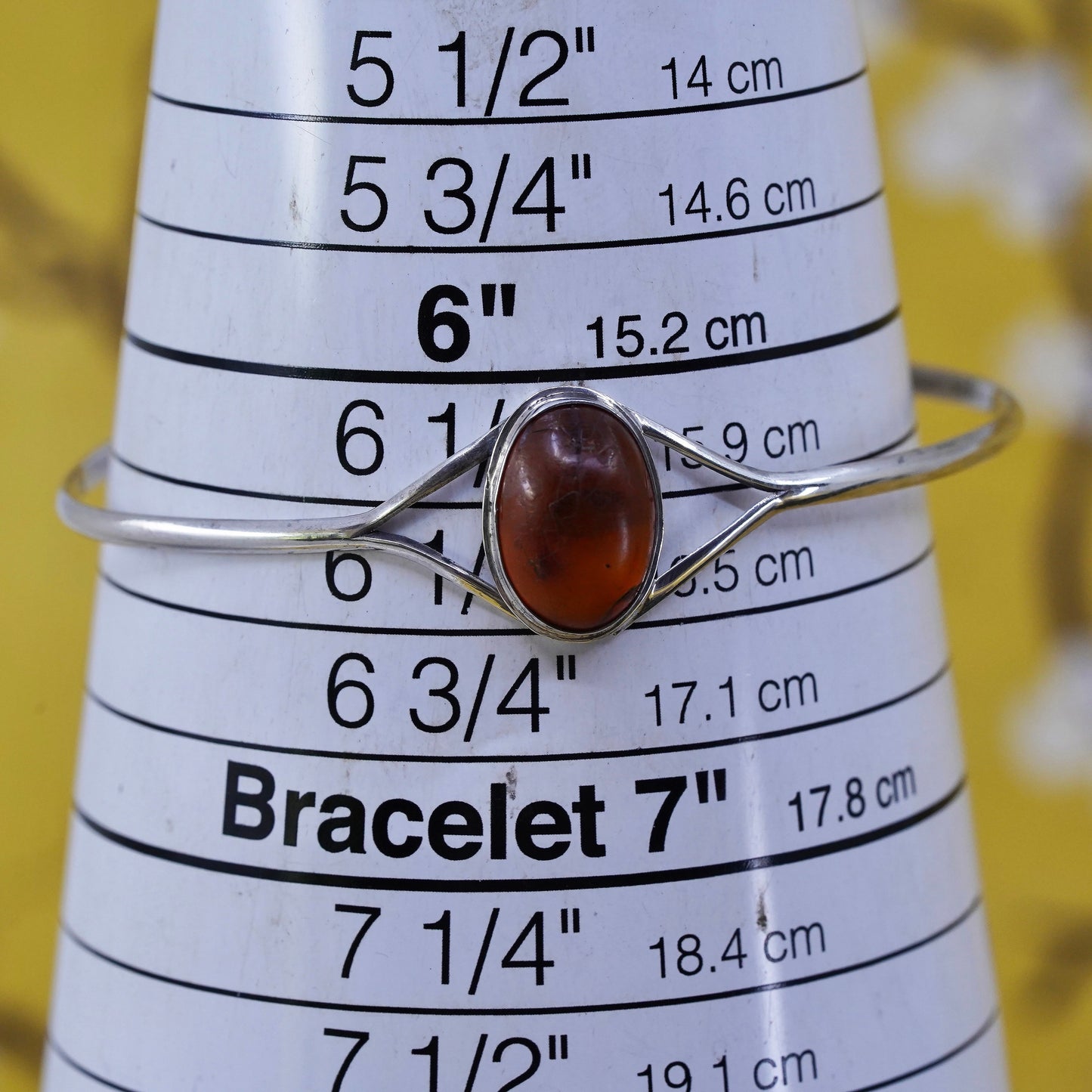 6.5”, Vintage Sterling silver handmade bracelet, 925 hinged bangle with amber