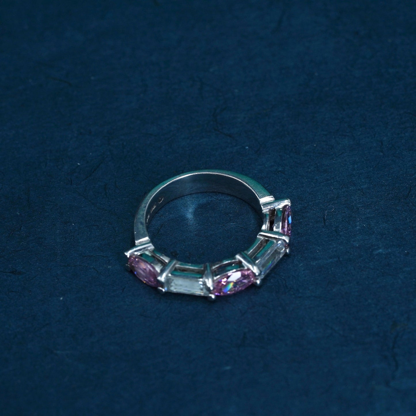 Size 4.5, Sterling 925 silver handmade ring, 925 stackable wedding band pink Cz
