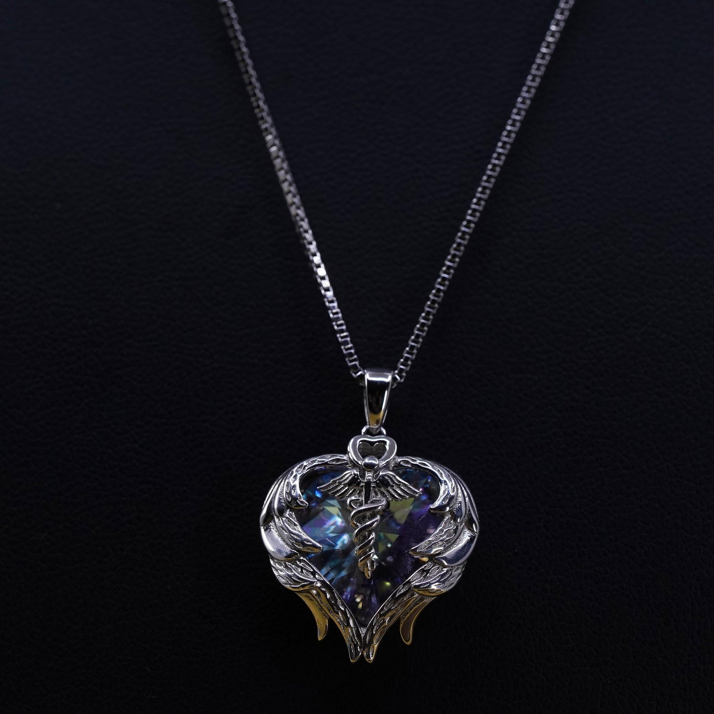 18", sterling silver 925 box necklace rainbow crystal nurse Angel pendant