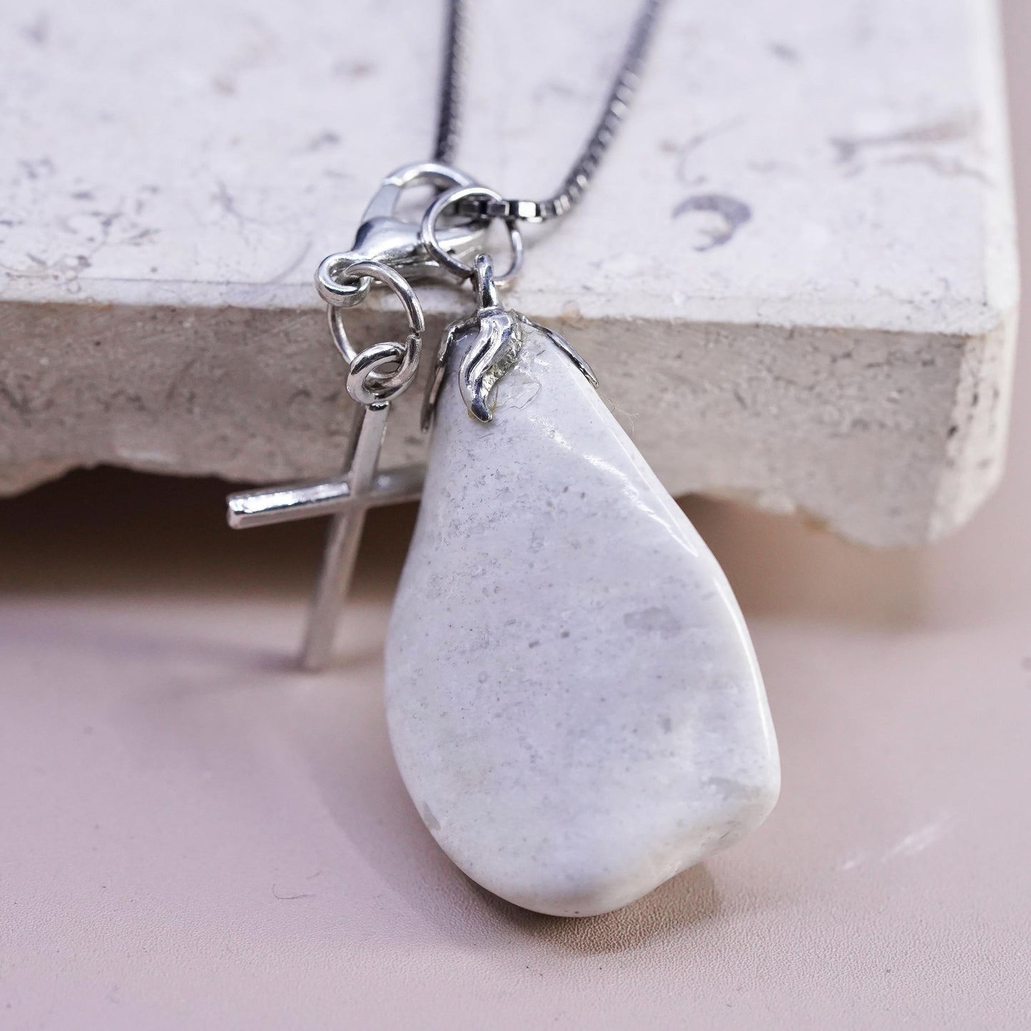 20", sterling 925 silver box chain necklace white quartz cross charm