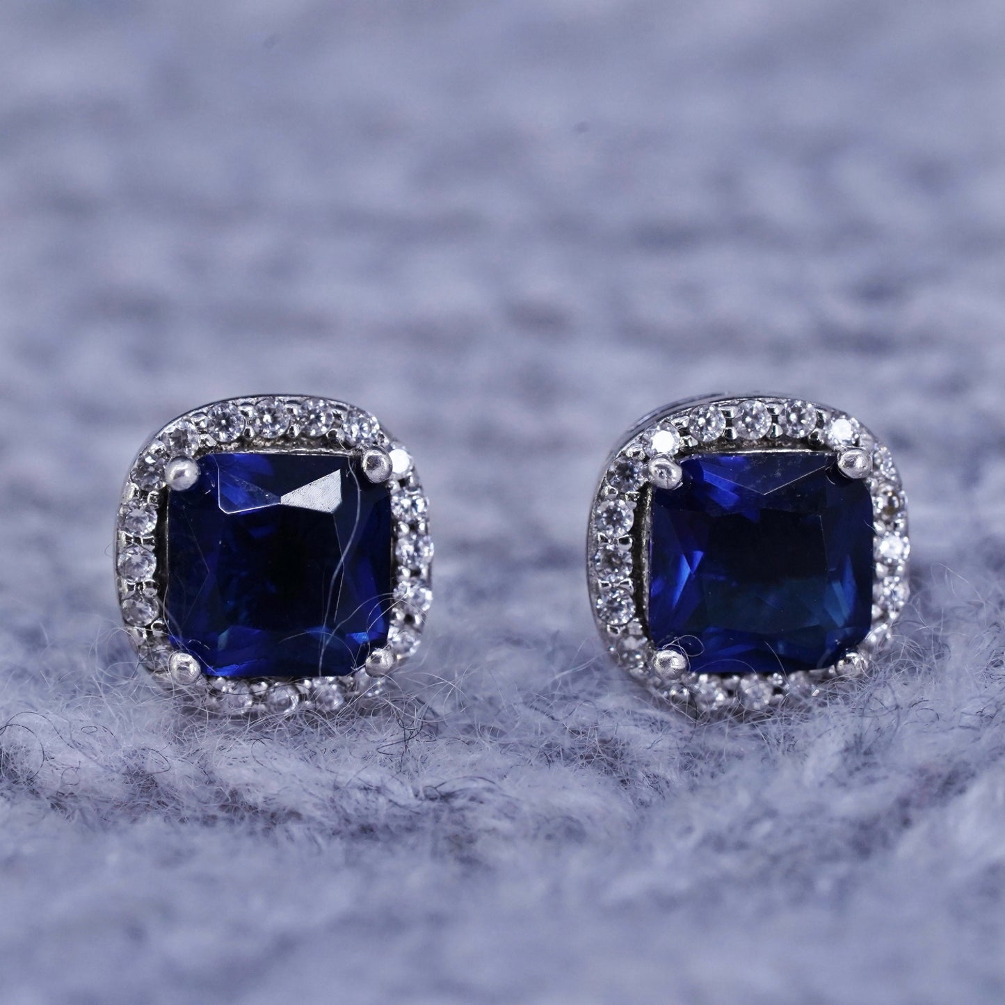 Vintage sterling silver handmade earrings, 925 studs with cluster Cz sapphire