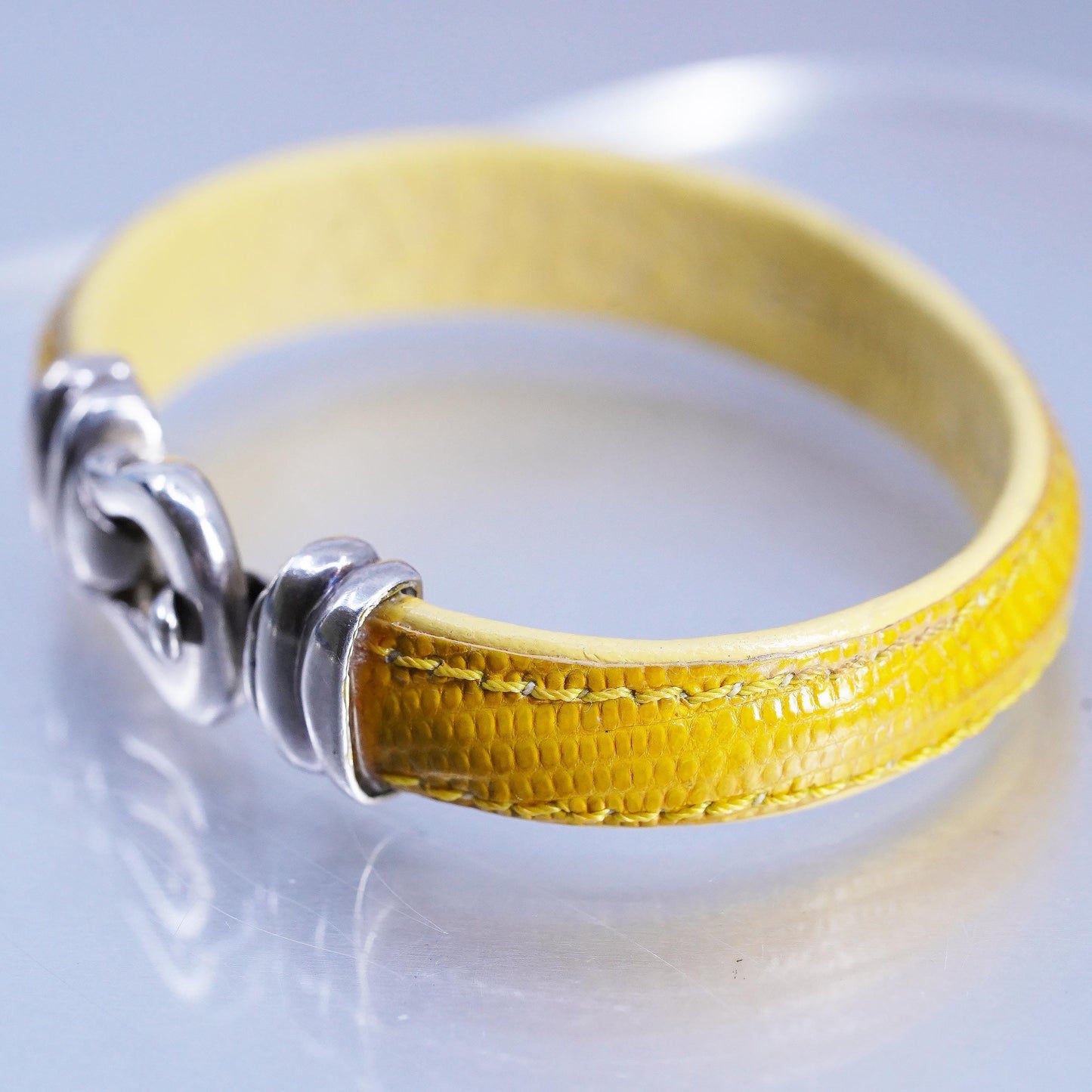 Industria Argentina Sterling 925 Silver Bracelet, Yellow Lizard Leather bangle