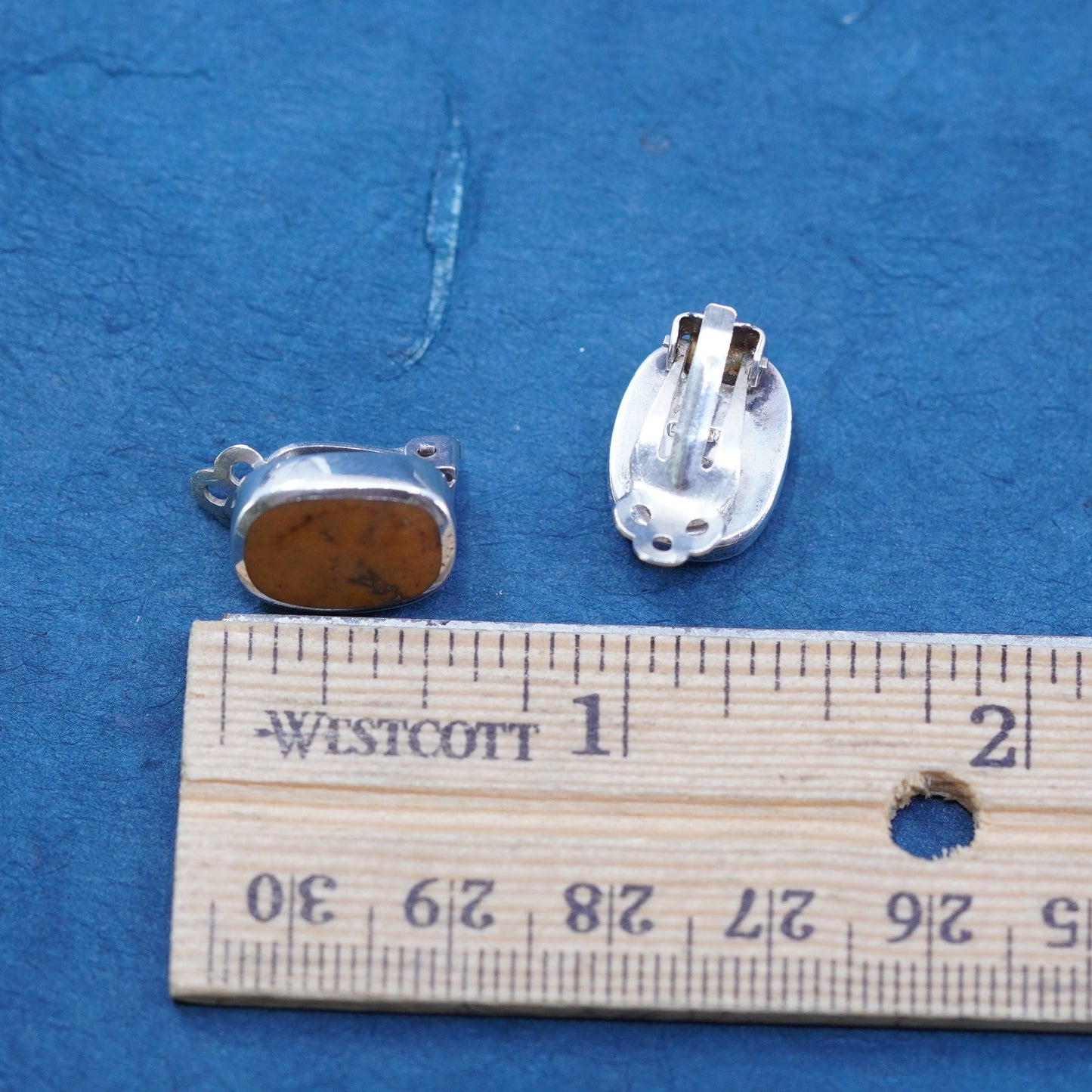 Vintage PB sterling silver handmade earrings, 925 square clip on with jasper