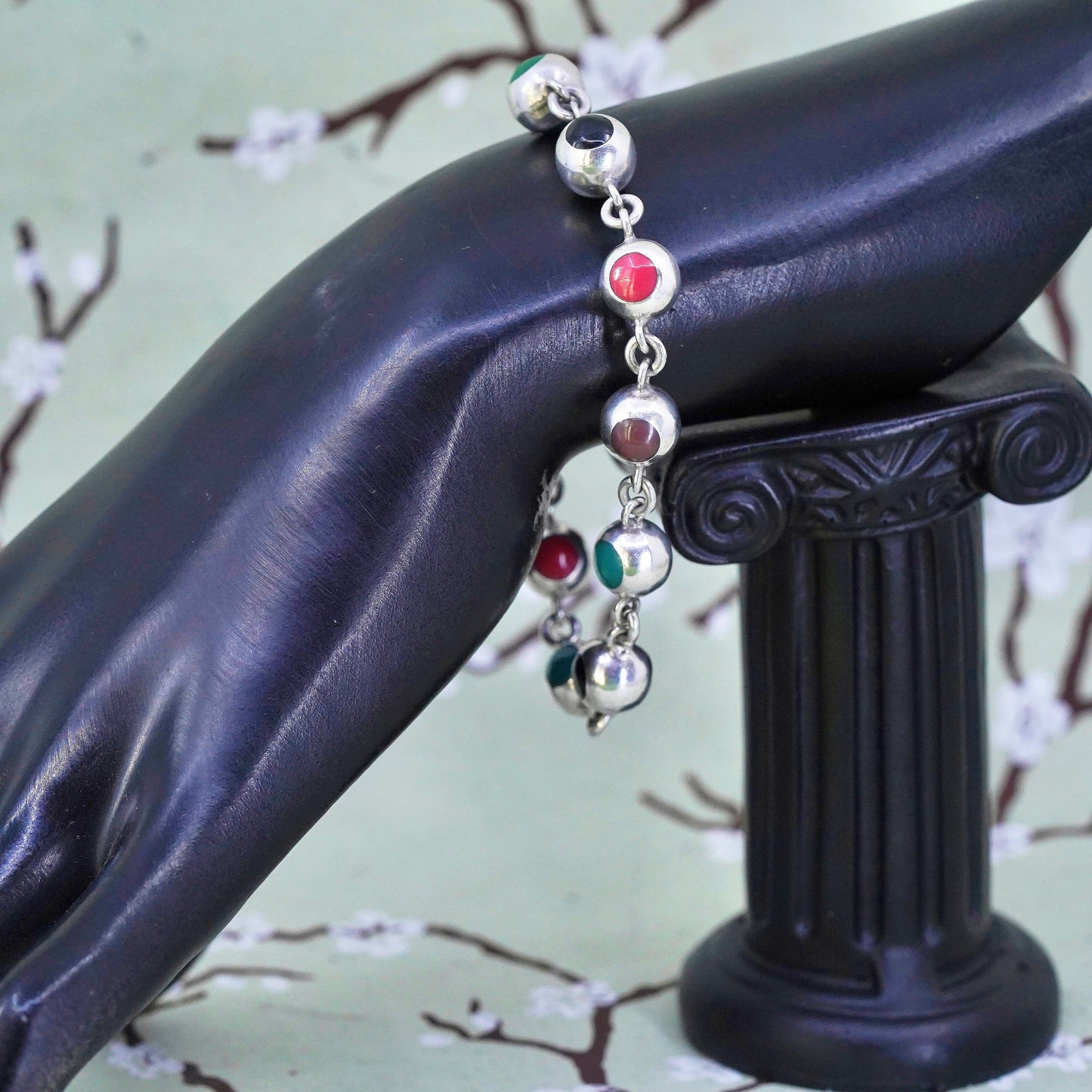 6.75", Vintage Sterling 925 silver handmade beads bracelet with rainbow enamel