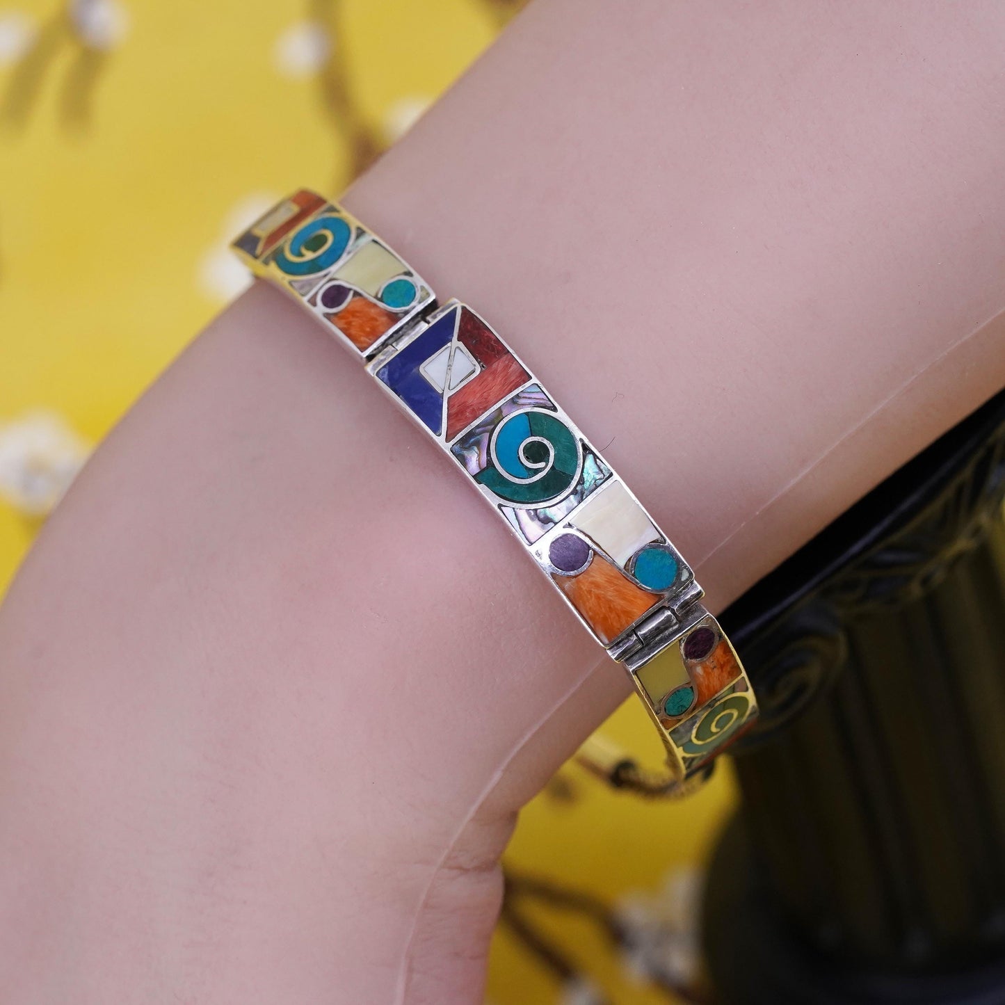 7”, vintage Peruvian Sterling silver handmade bracelet, Inca chakra 950 circle