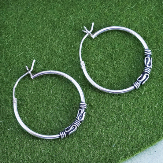 1”, Vintage sterling 925 silver loop handmade earrings, bali wired hoops