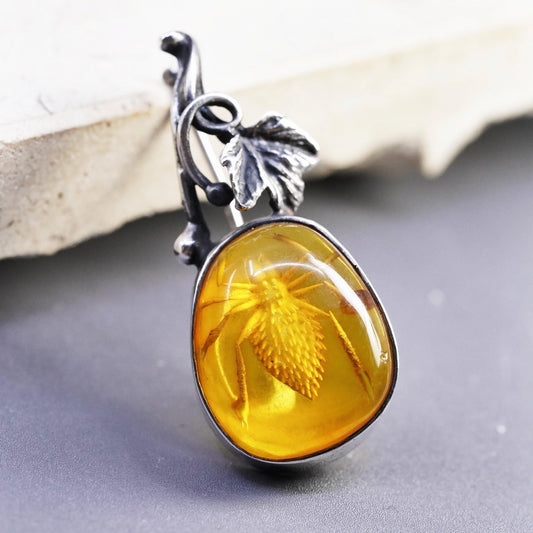 Sterling 925 Silver Amber Spider Inclusion Brooch Pin Art Leaf Insect Jewelry