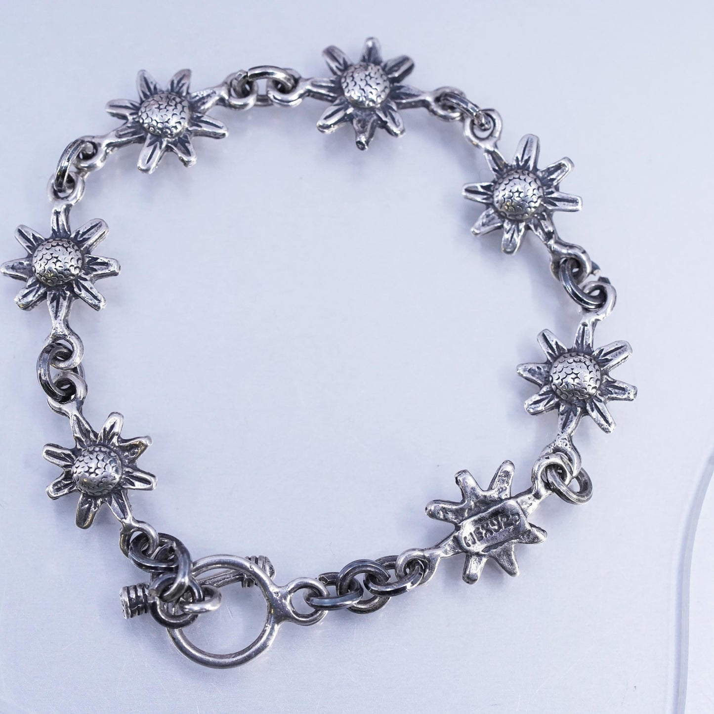 6.5", Vintage Mexican Sterling 925 silver handmade bracelet, sunflower chain
