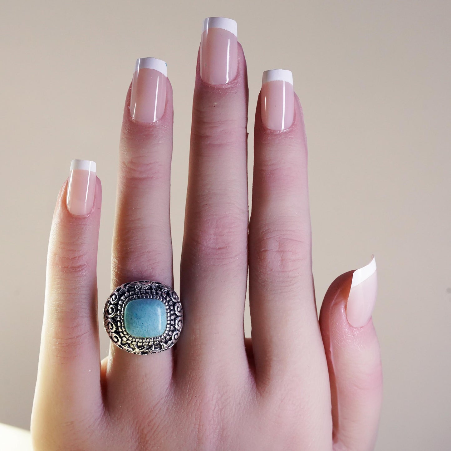 Size 7, Vintage sterling silver ring, 925 statement band with square turquoise