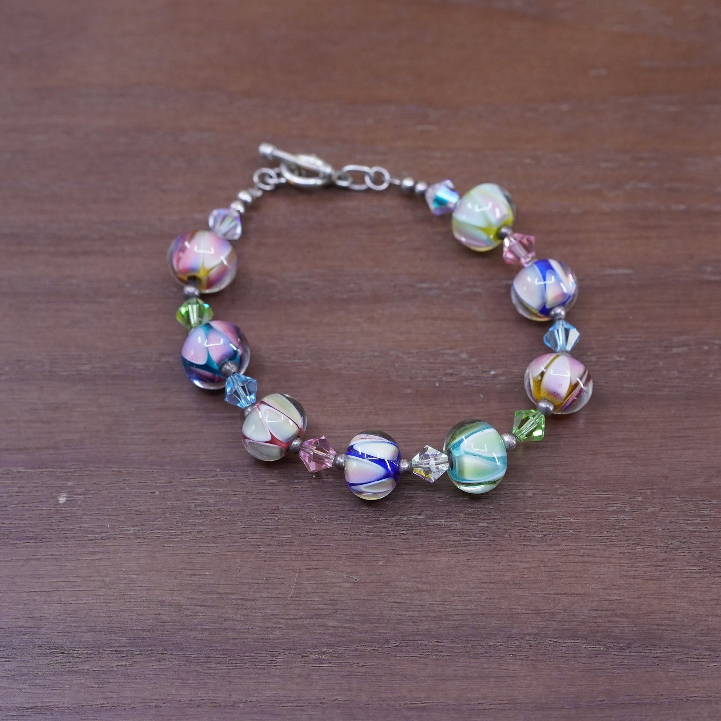6.5”, Vintage handmade bracelet, blue artisan glass bead bracelet