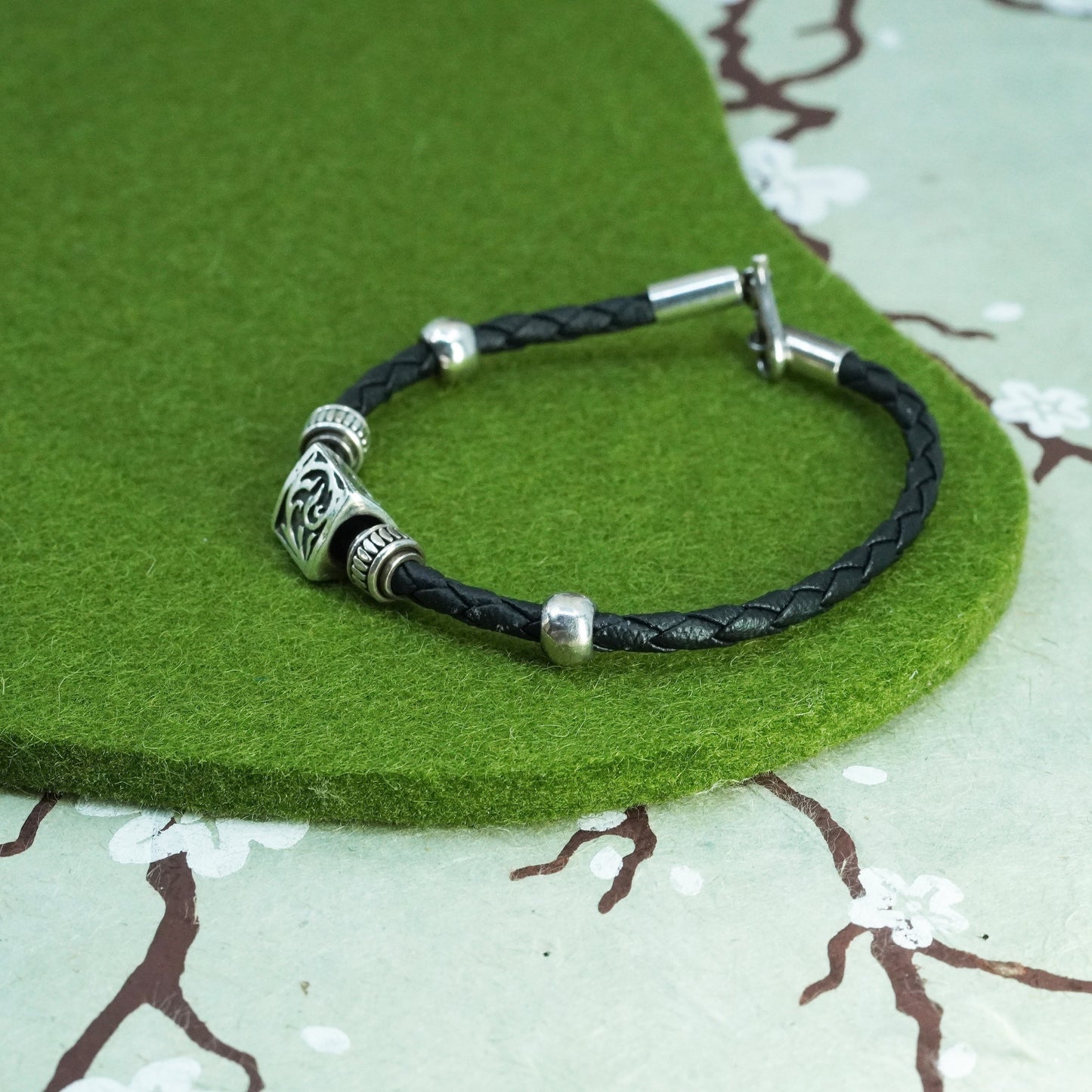 6.25”, woven black leather chain, 925 Mexico silver triangular charm bracelet