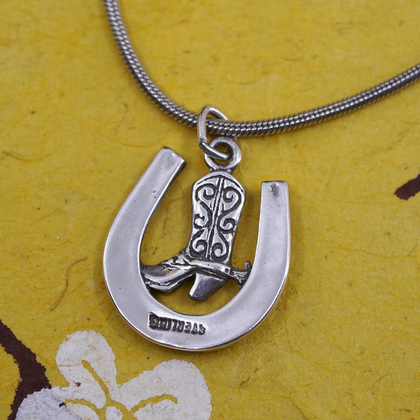 16”, southwestern Sterling silver necklace, 925 snake riding boot horseshoe