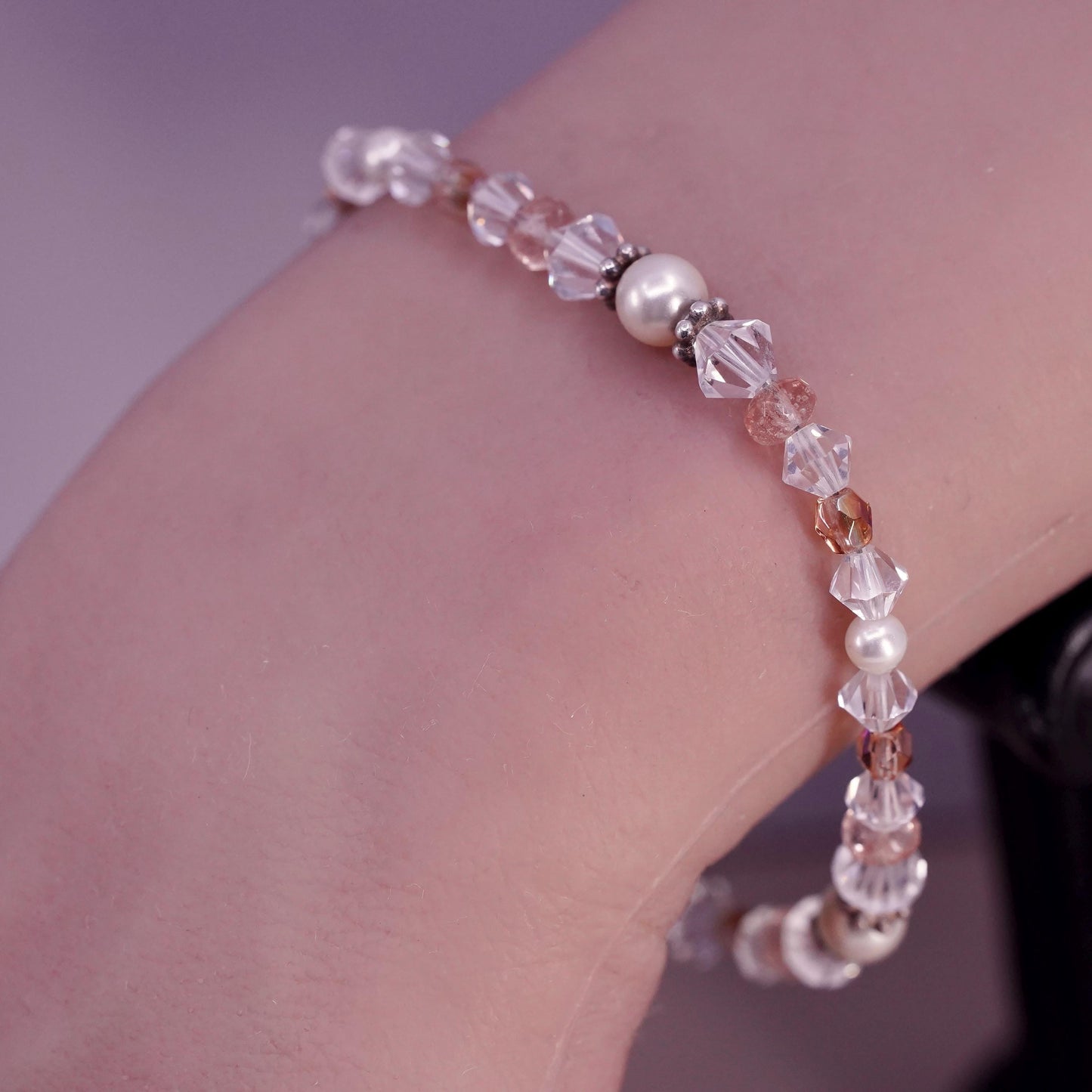 7", vintage sterling silver bracelet, 925 heart toggle closure w/ crystal beads