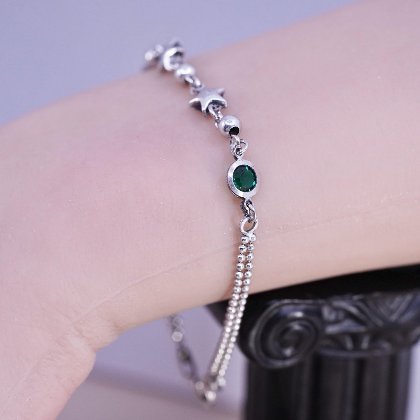 7", vintage sterling silver handmade bracelet, 925 bead chain with star charms