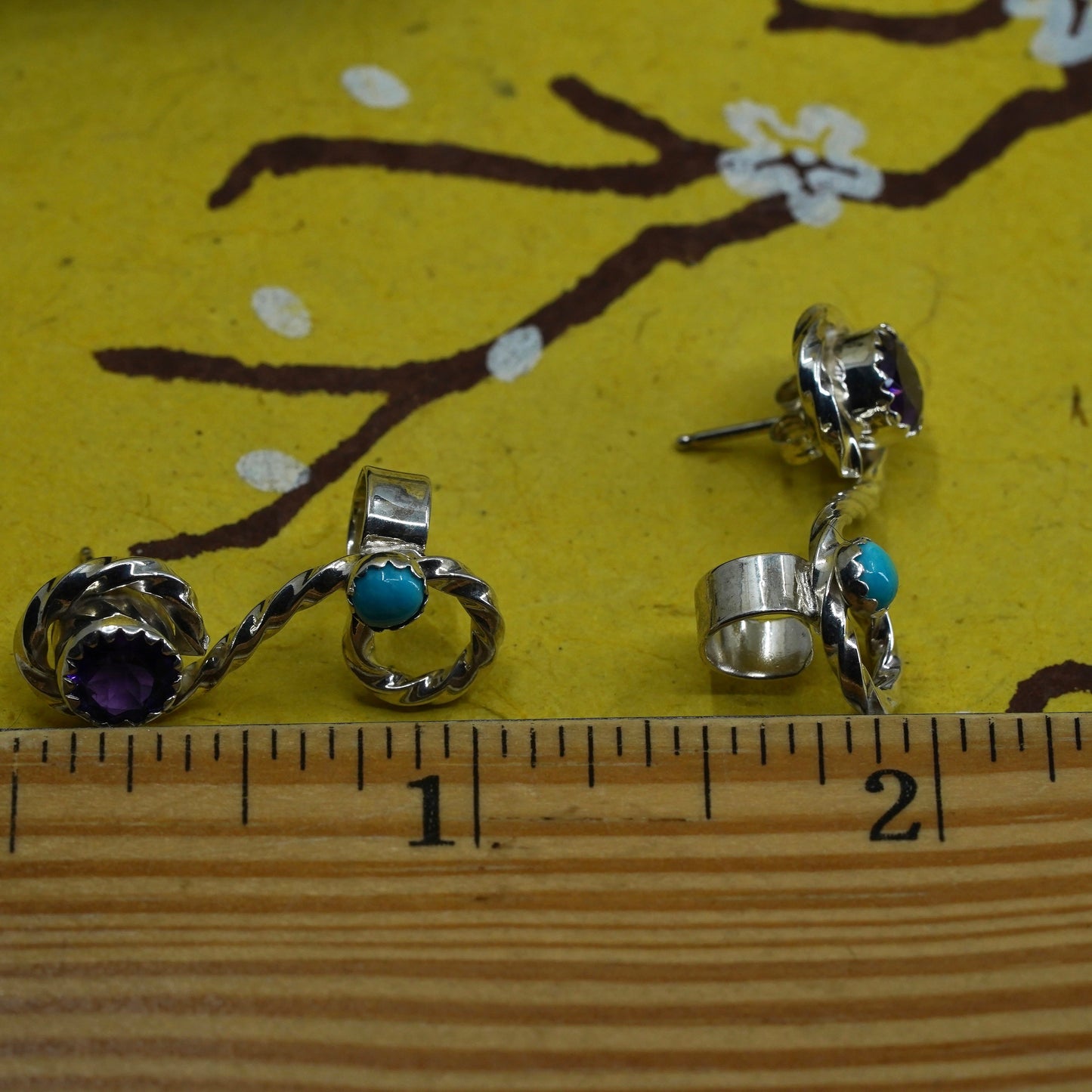 Sterling Silver Native American Earrings, 925 swirly studs turquoise amethyst