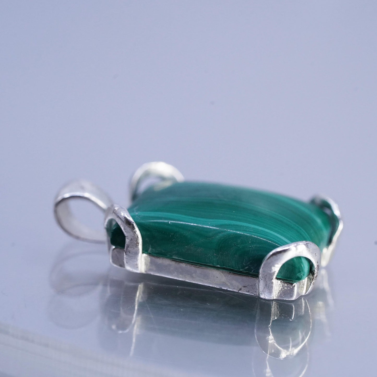 Vintage sterling 925 silver handmade rectangular pendant with malachite