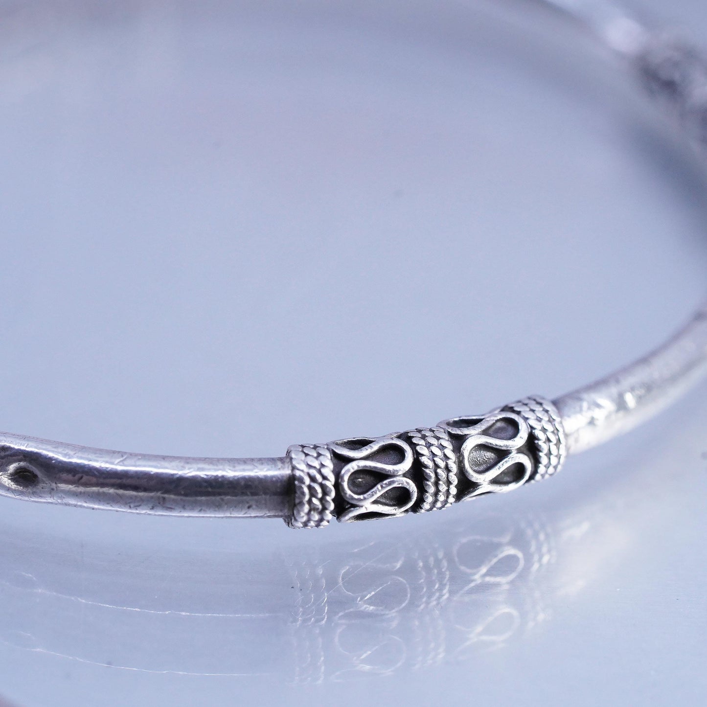 8.25", Balinese Sterling Silver Cuff, 925 Artisan Open Bangle, Tribal Bracelet