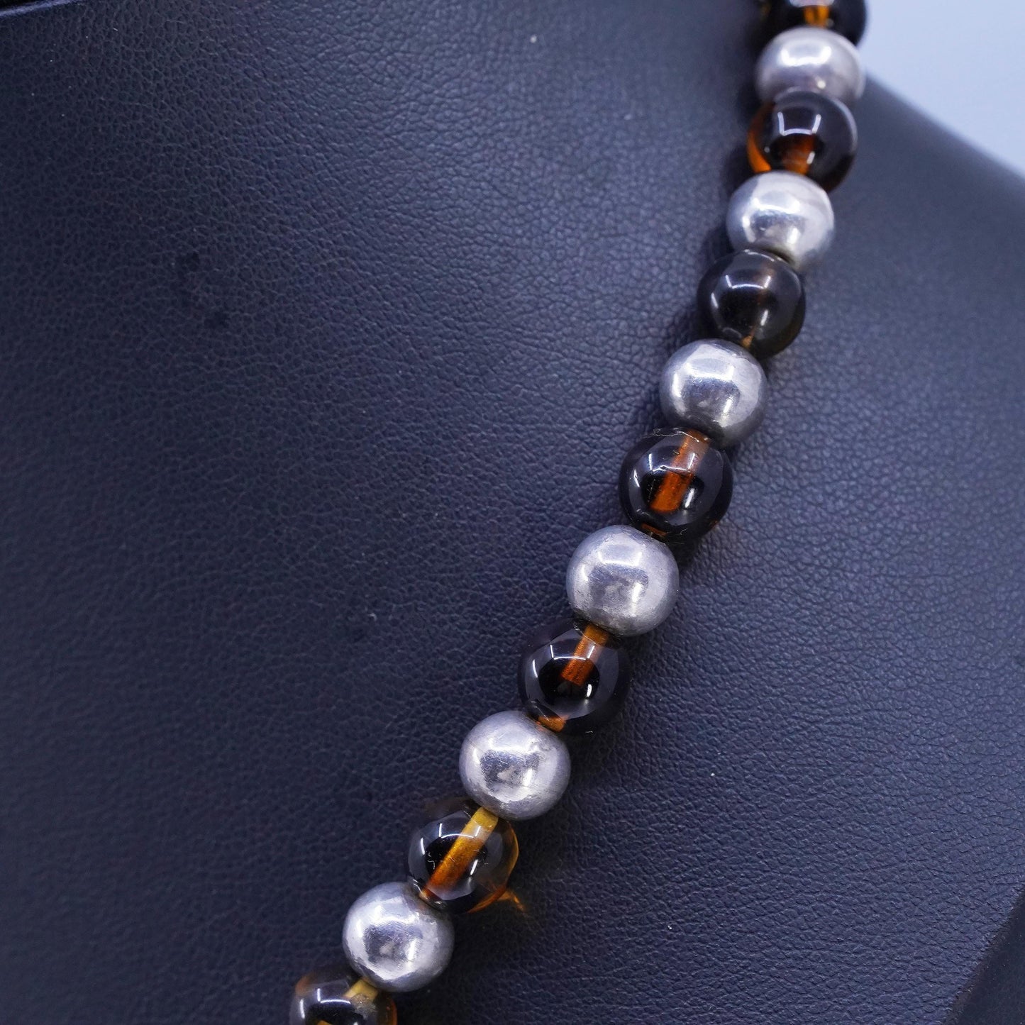 16" 8mm, Vintage Sterling 925 silver necklace with amber beads toggle closure