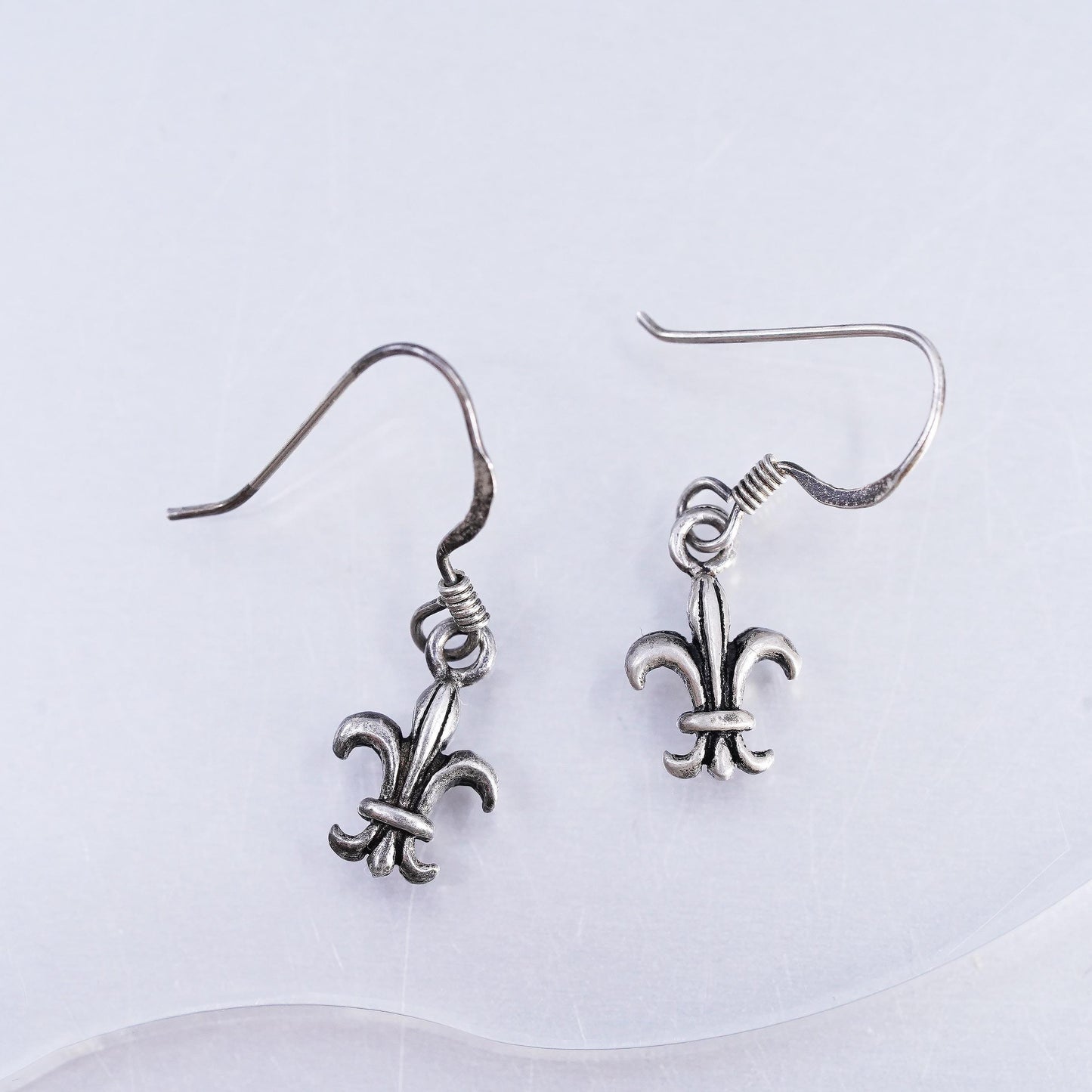 VTG Sterling Silver Fleur de Lis Earrings, French Lily Drops, Heraldic Jewelry
