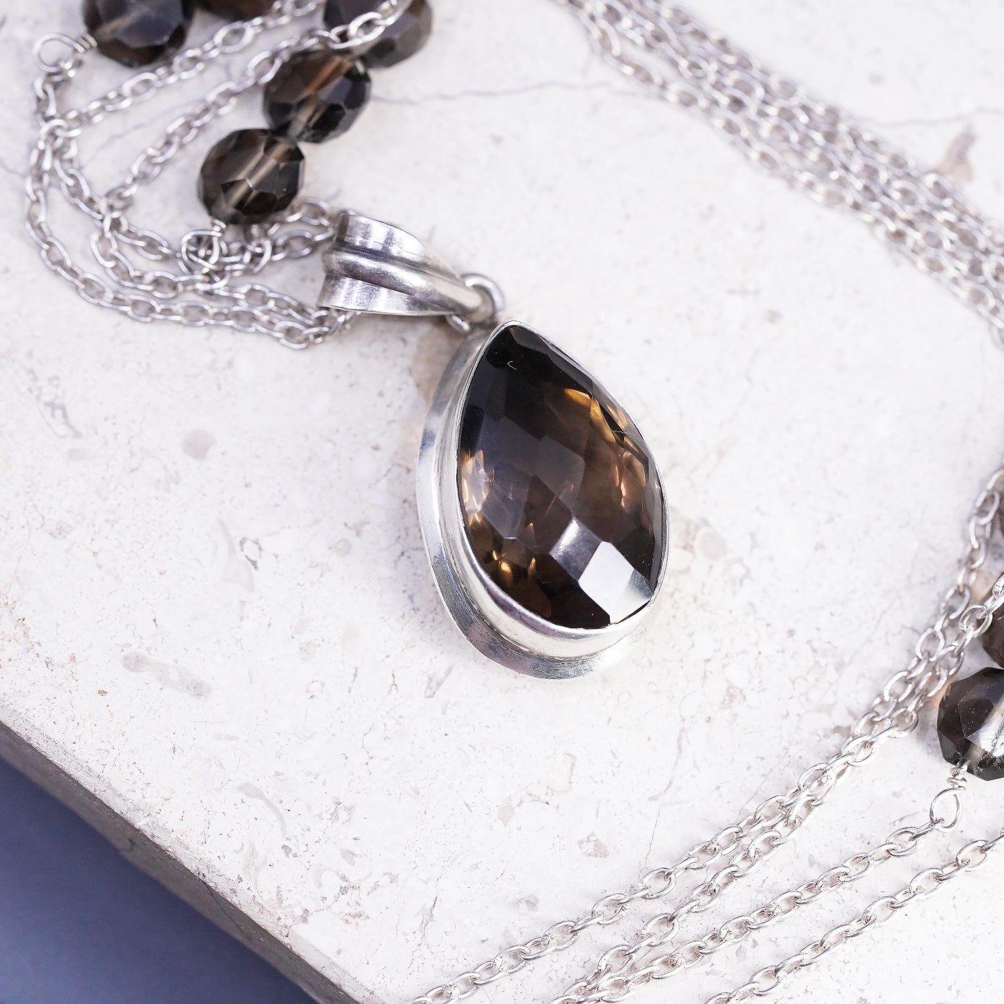 26", Sterling 925 Silver double strands necklace, Smoky Quartz teardrop pendant