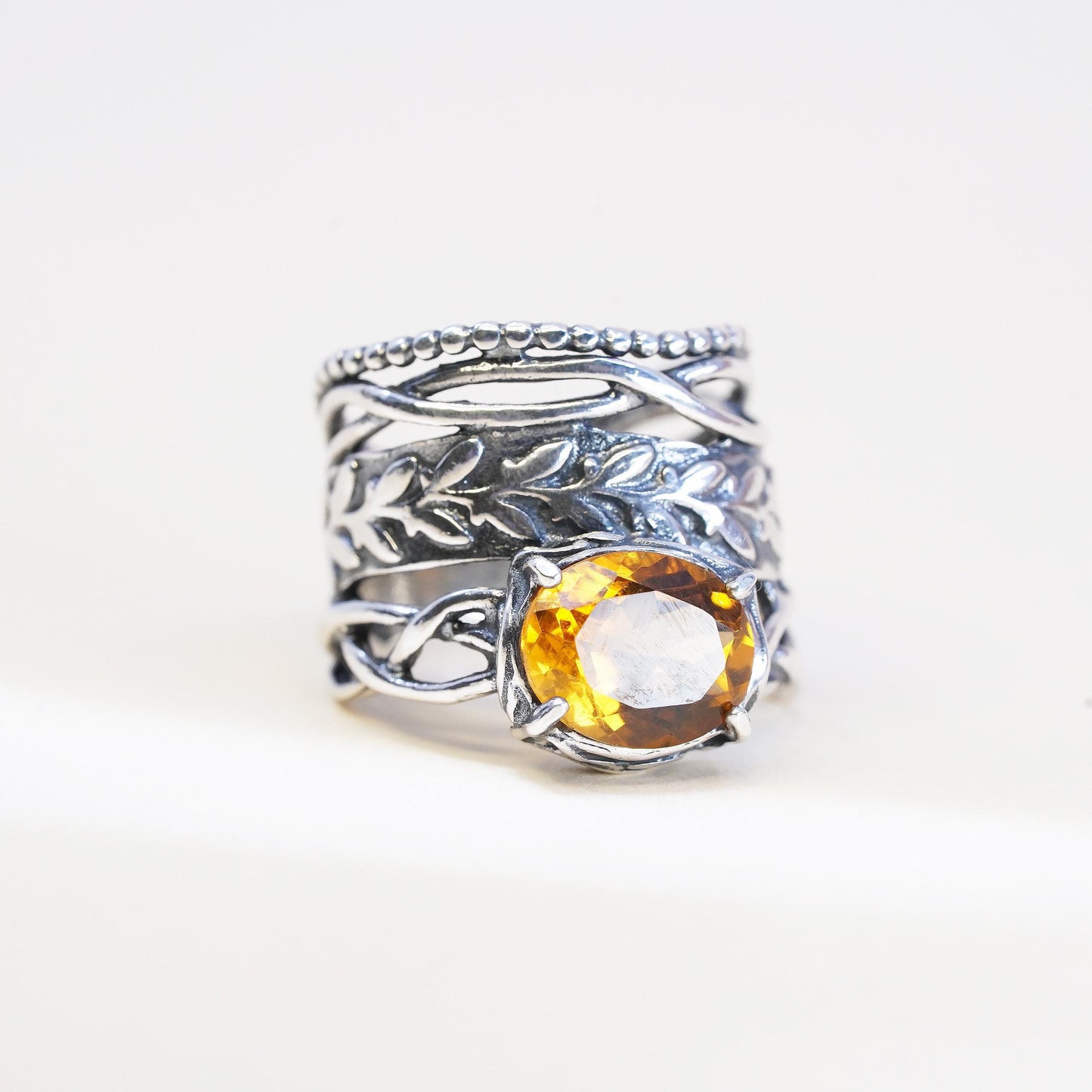 Size 6, VTG Israel PZ Israel Sterling Silver Oval Citrine Ring, Leaf Vine Band