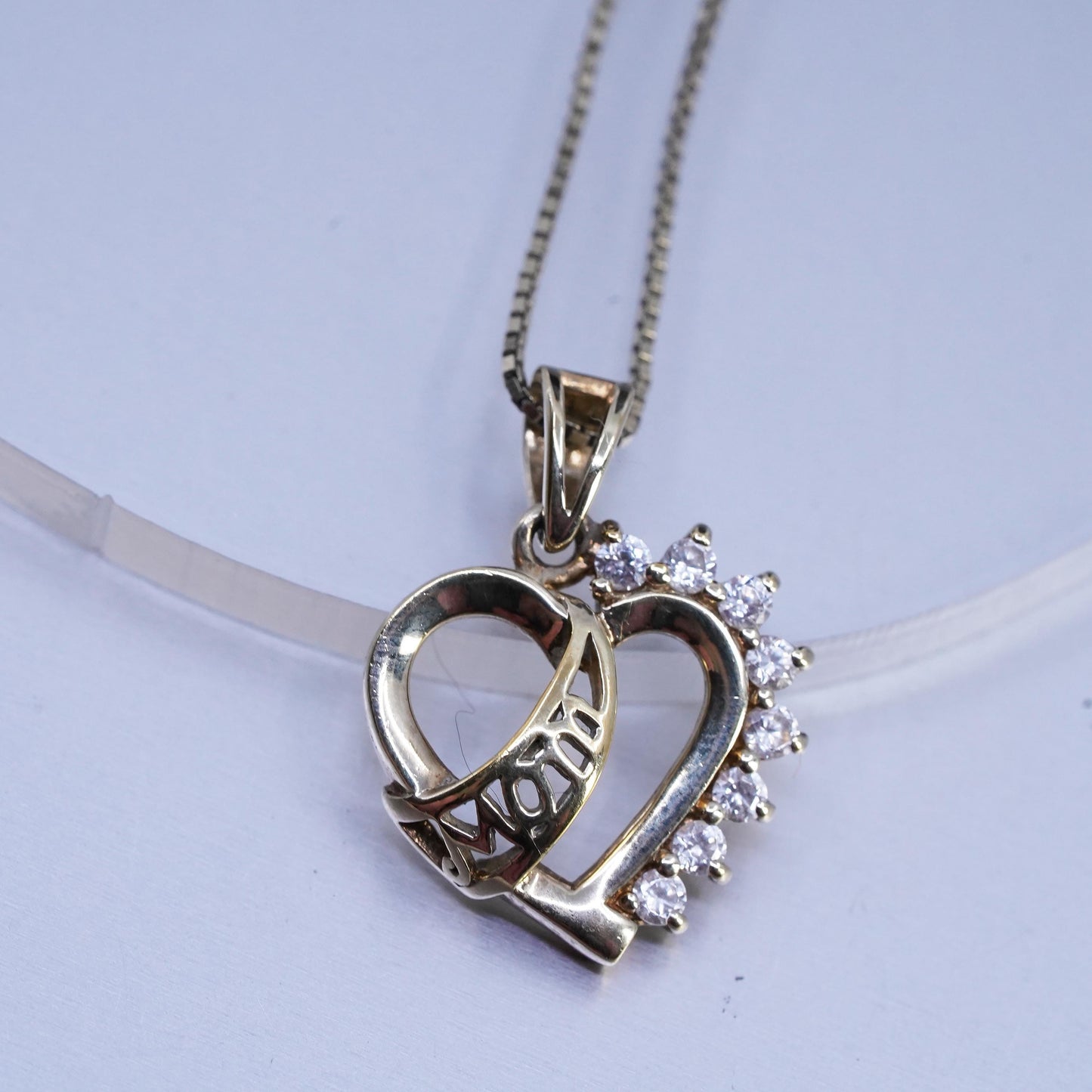 18", gold plated Sterling 925 silver box necklace cz heart pendant mom cutout