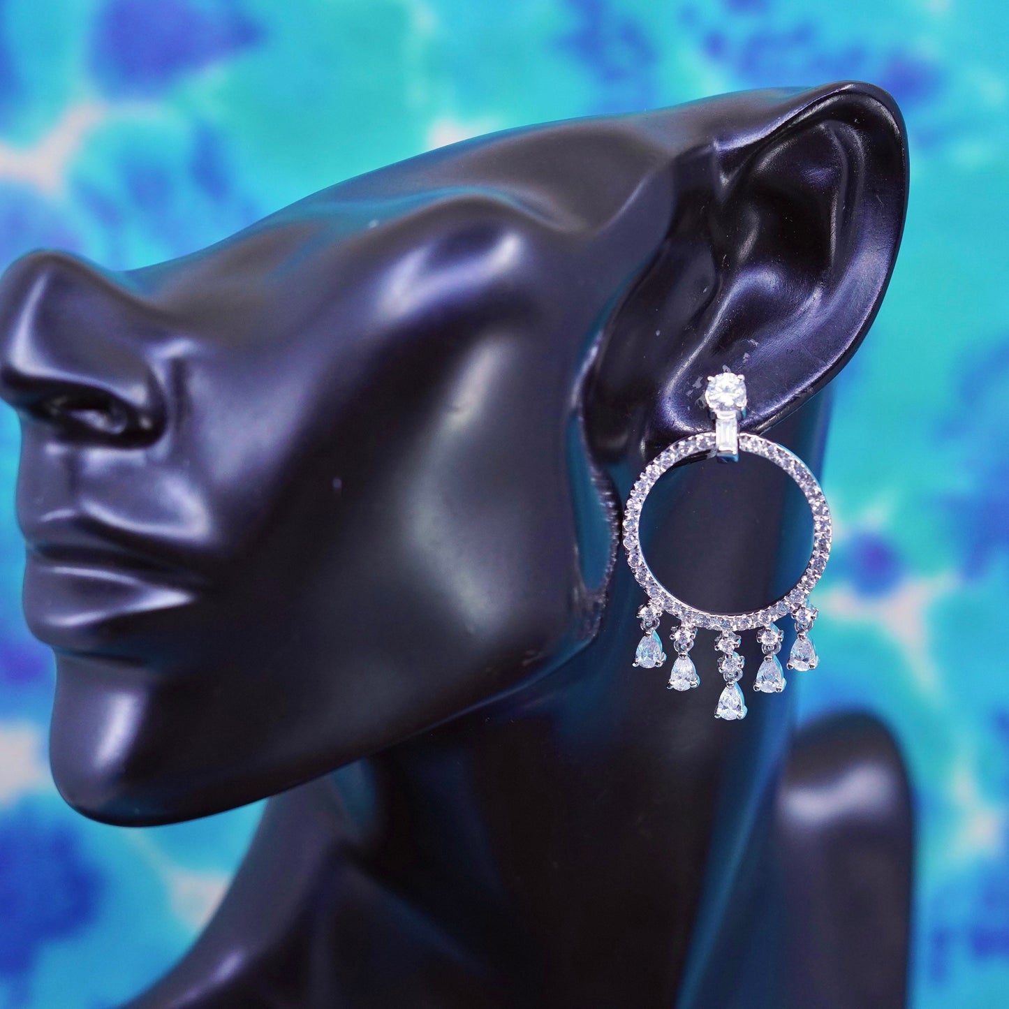 1”, Vintage Sterling silver earrings, 925 circle with cluster cz drops