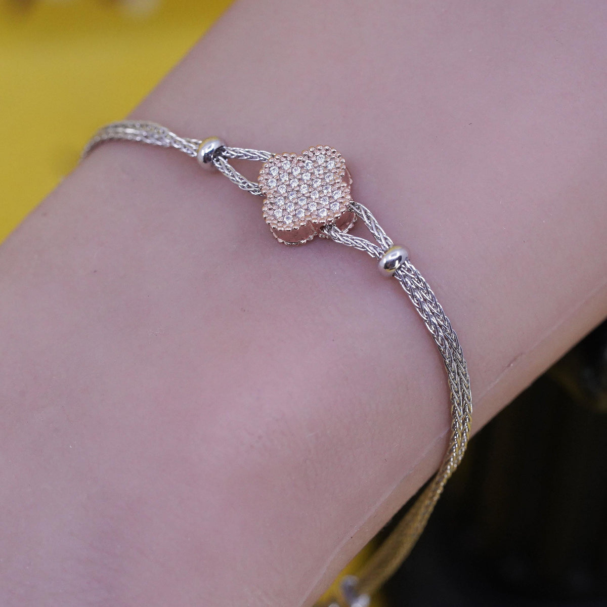 7.25”, Dyadema Italian sterling silver 925 wheat bracelet CZ lucky clever charm