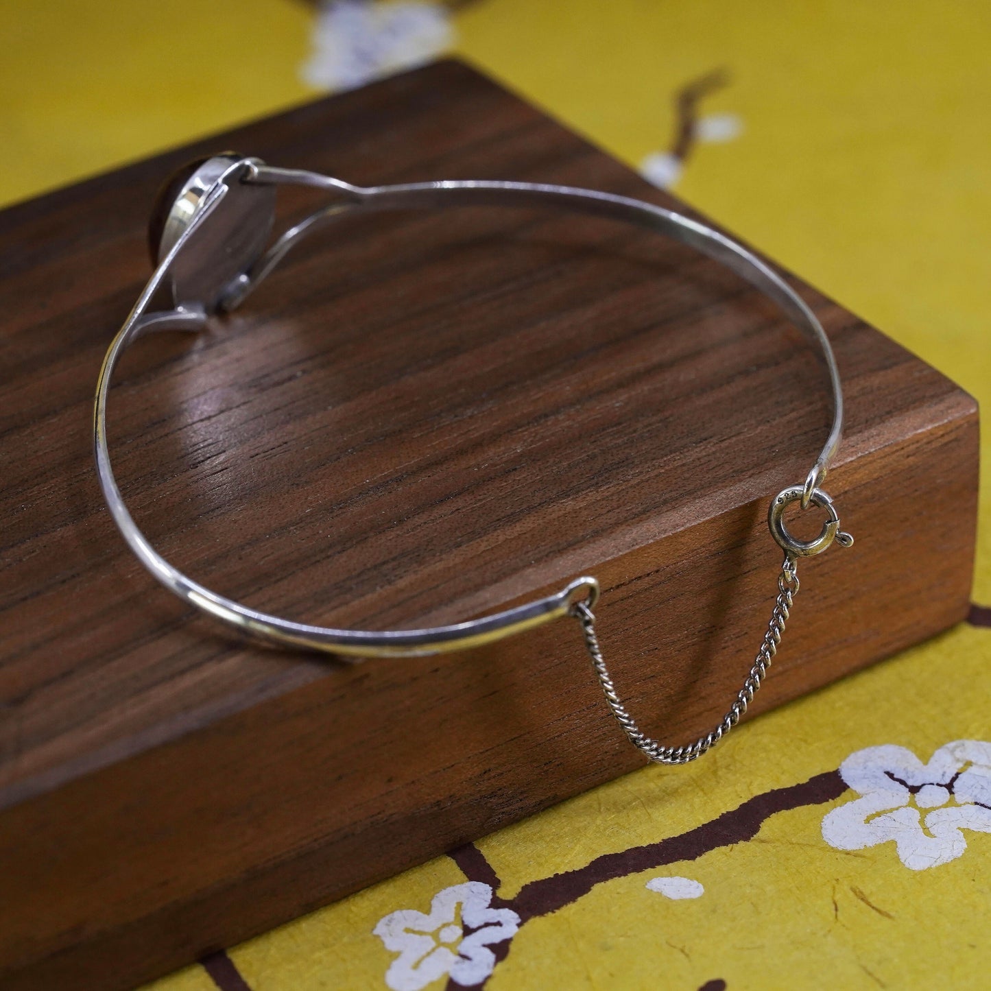 6.5”, Vintage Sterling silver handmade bracelet, 925 hinged bangle with amber