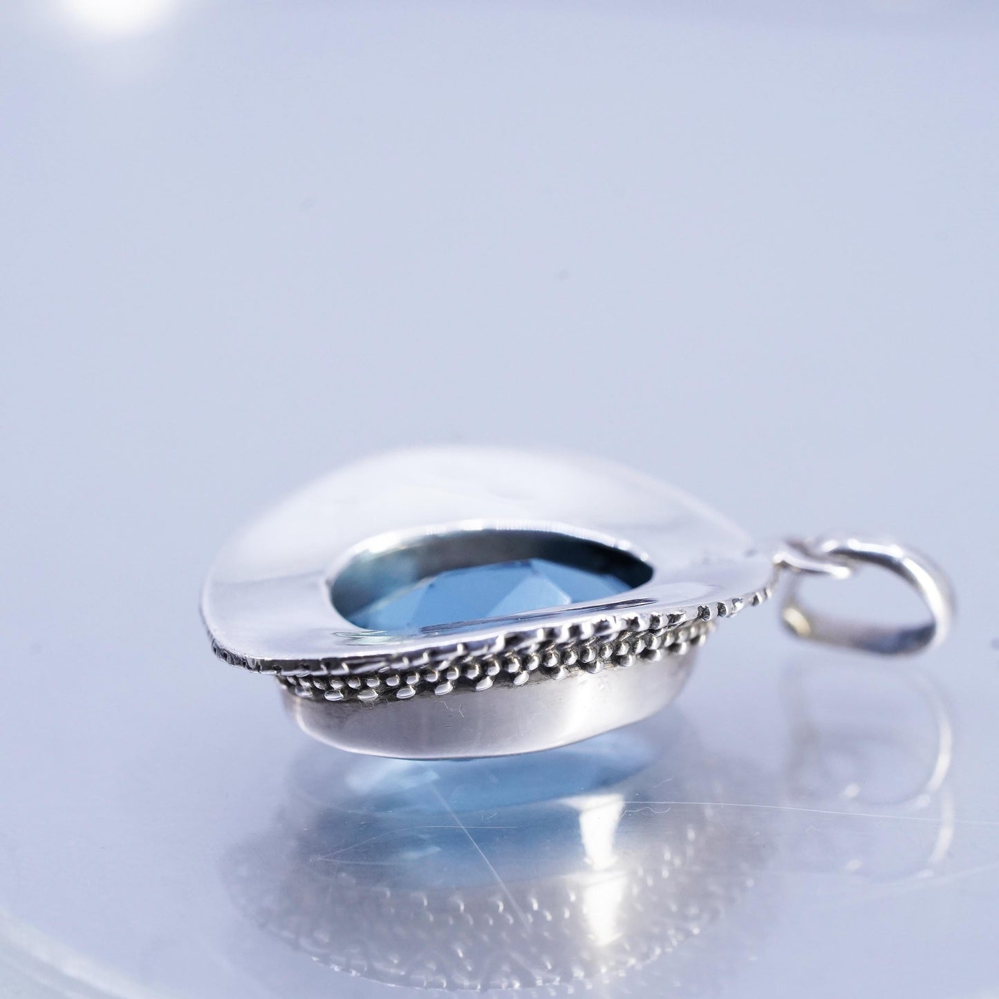 Sterling 925 Silver Blue Topaz Pendant, Oval Faceted Jewelry, Ornate Filigree