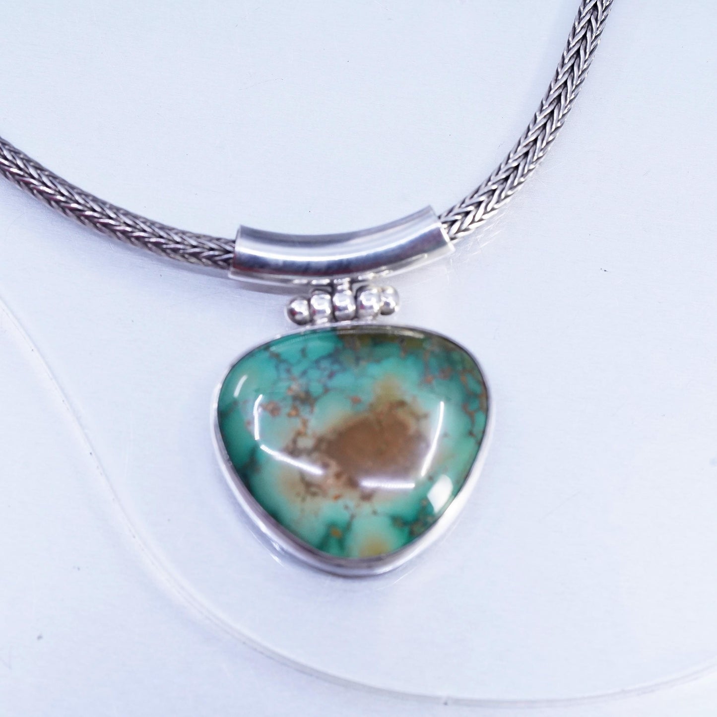 16", vintage Sterling 925 silver bold wheat chain necklace turquoise pendant