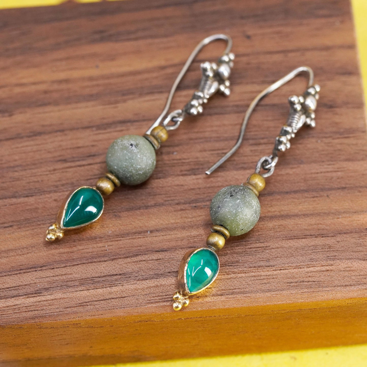 Vintage sterling silver 925 handmade cross earrings with teardrop jade