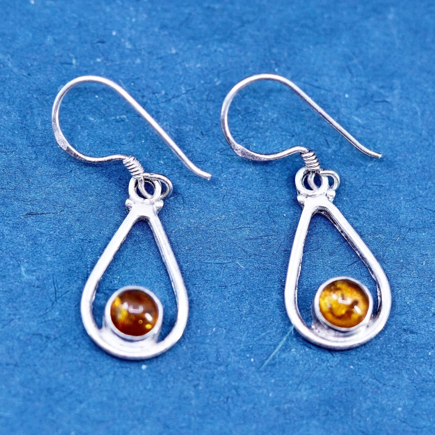 Vintage sterling silver handmade earrings, 925 teardrop with amber