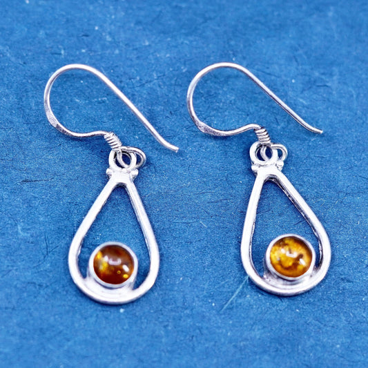 Vintage sterling silver handmade earrings, 925 teardrop with amber