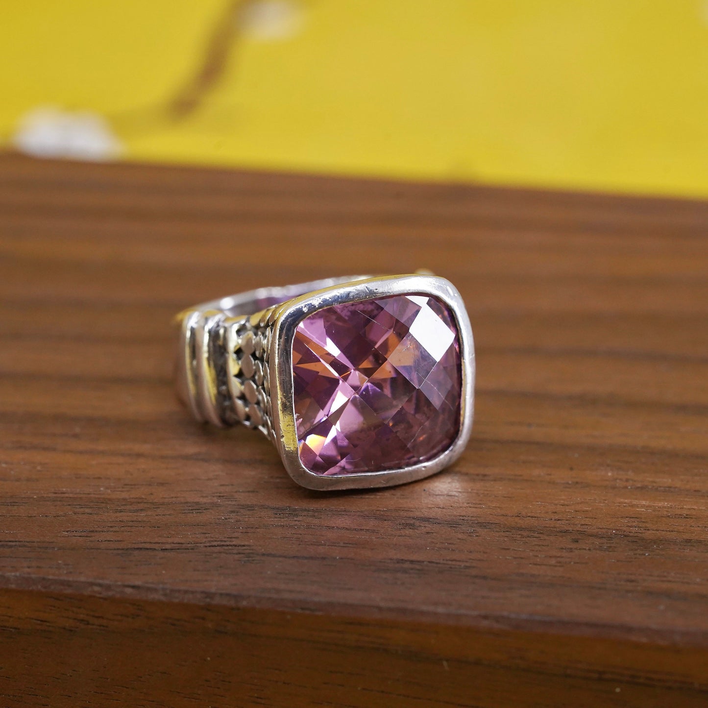 Size 9.25, Sterling 925 silver statement handmade cocktail ring pink crystal