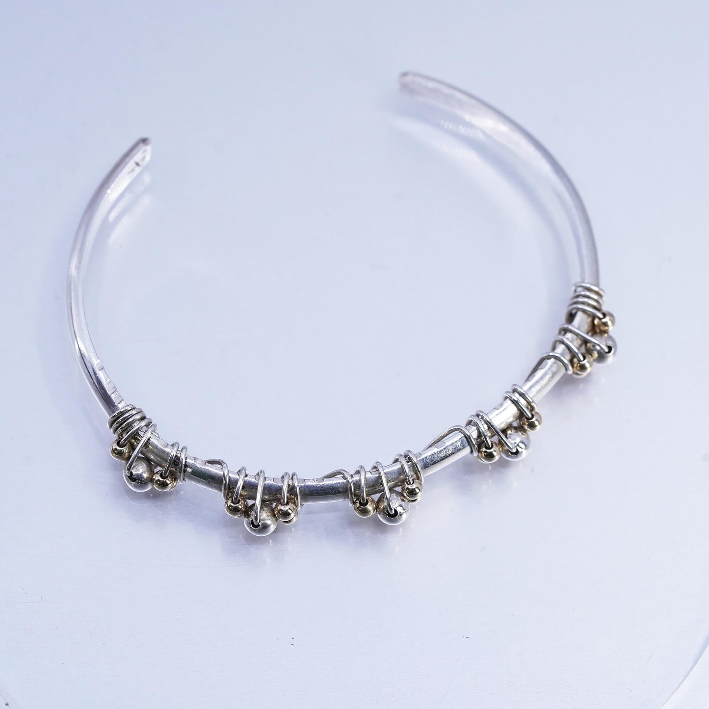 6.25", Marvin Lucas Sterling 925 silver bracelet, cuff 14K yellow gold beads