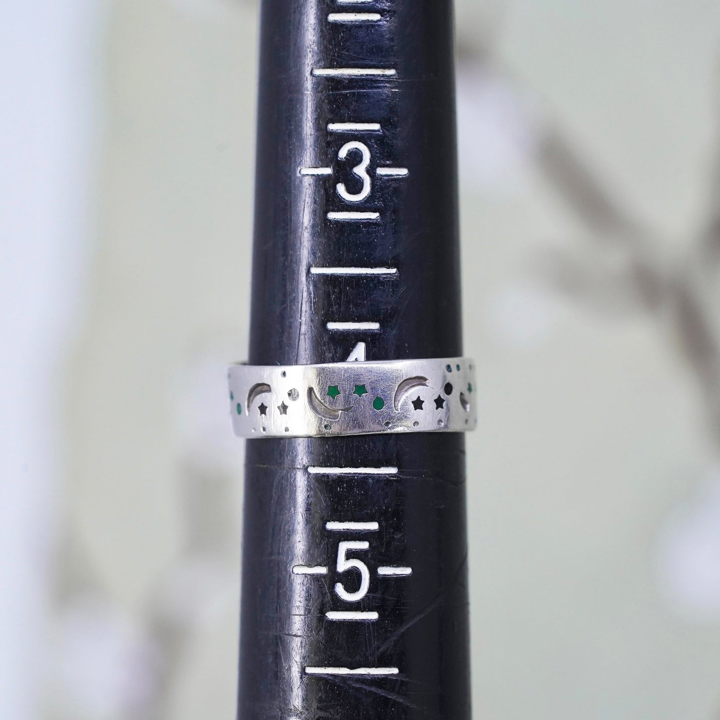 Size 4, Vintage sterling silver handmade ring, star moon 925 band with open end