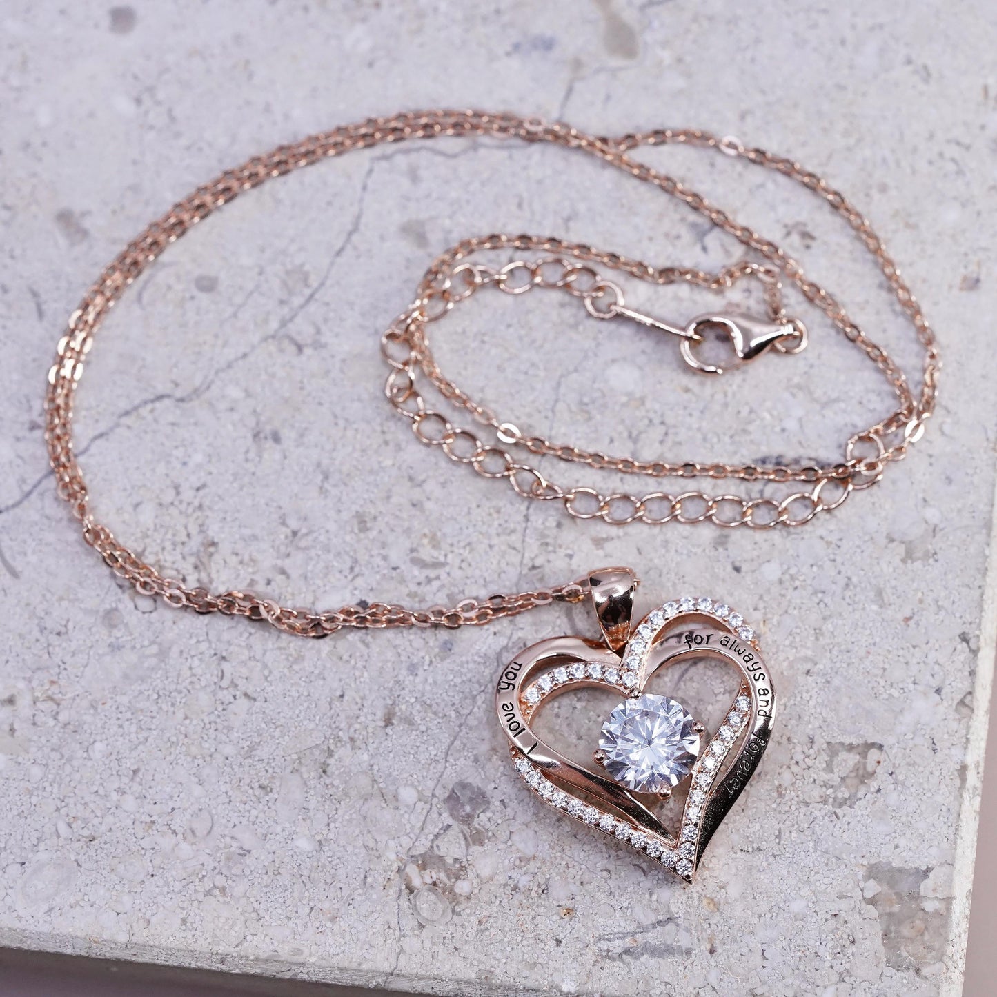 15+3”, gold sterling silver 925 circle necklace cz heart pendant, I love you