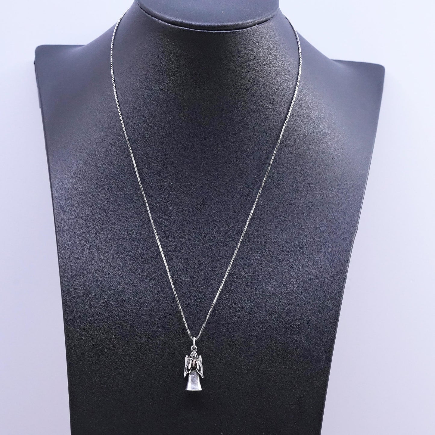 18”, sterling 925 silver handmade box chain necklace with angel charm pendant